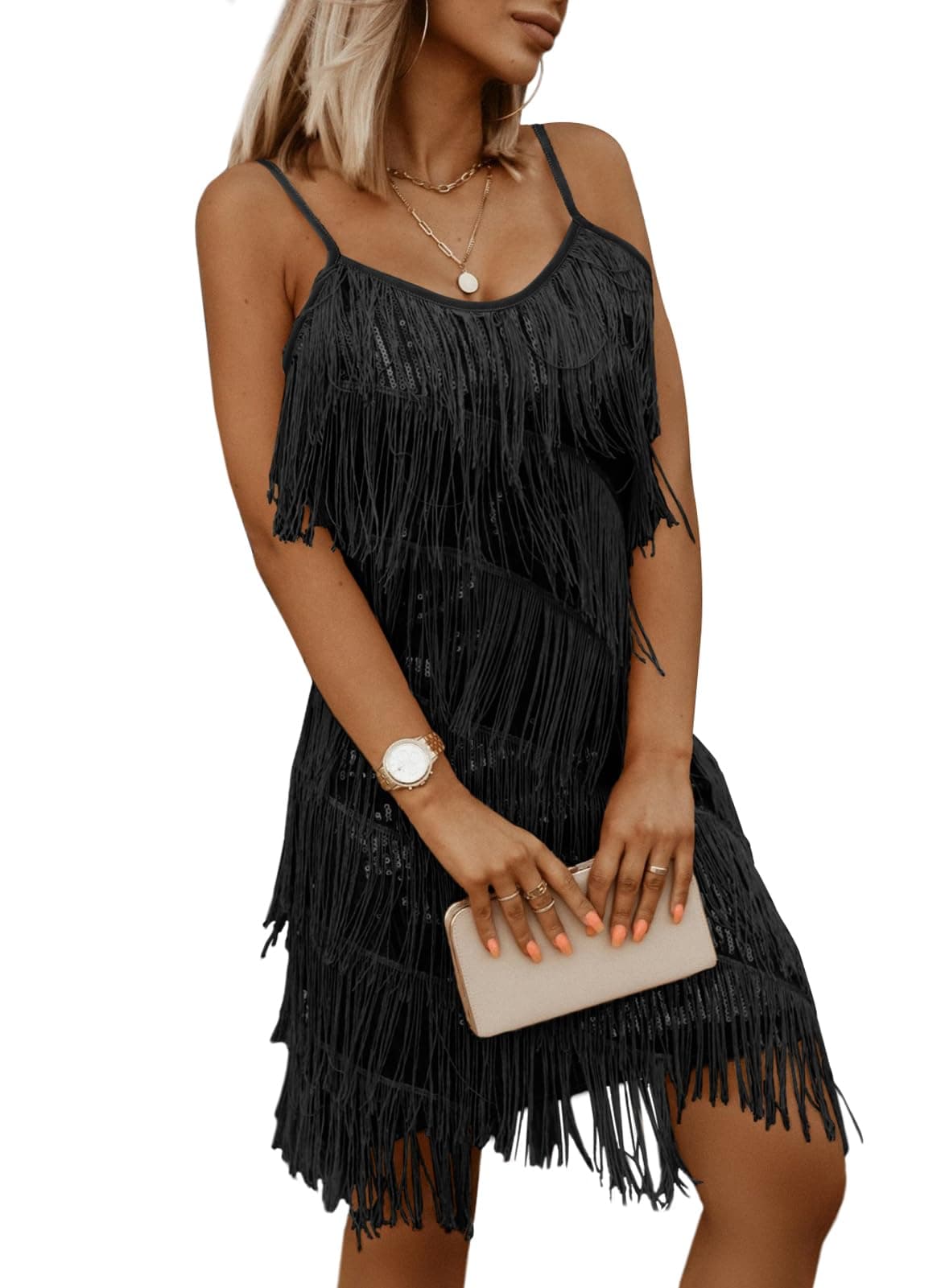 miduoWomens Sequin Tassel Fringe Party Dress Sleeveless Spaghetti Straps Flapper Dresses Cocktail Mini Dresses