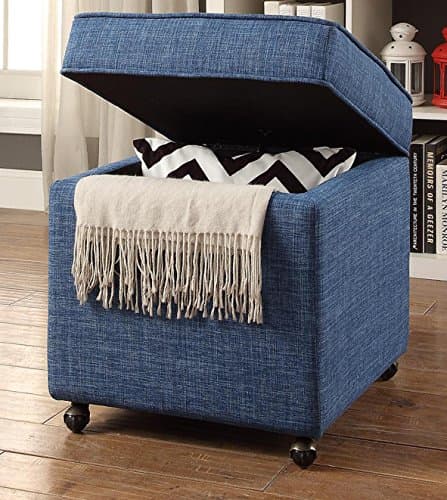 Inspired Home Harrison Linen Modern Contemporary Hidden Storage Castered Legs Ottoman Cube, Blue