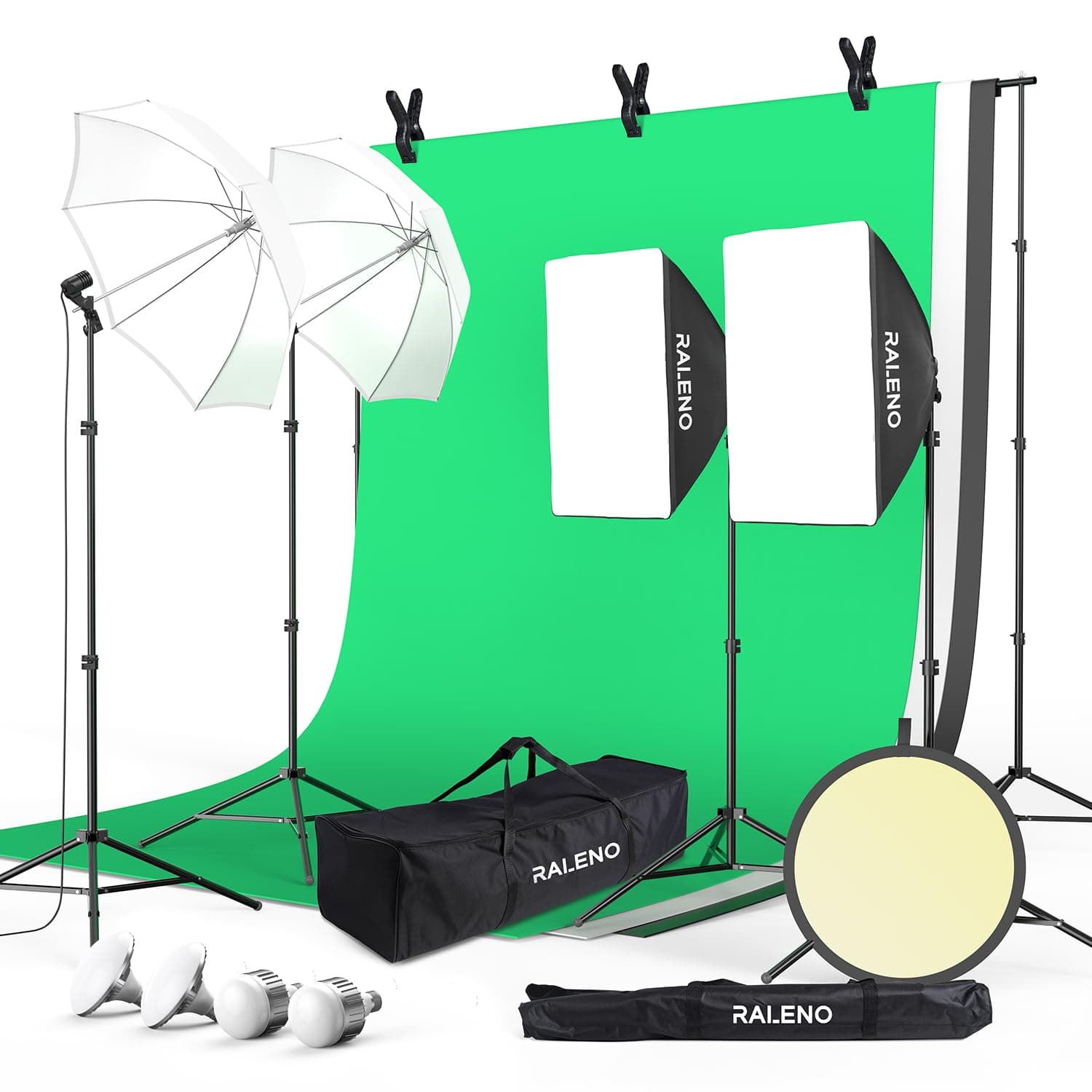 RALENO Photography Lighting Kit, 8.5 x 10ft Backdrop Stand with Green Screen, 5 x 85W 5500K Softbox Studio Lighting Kit with Umbrellas for Product, Portrait and Video Shoot Photography