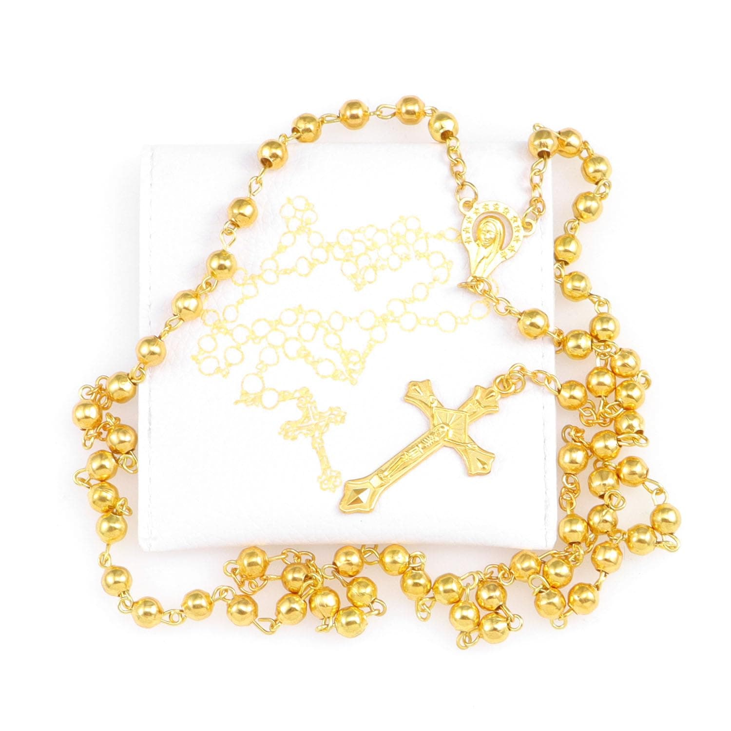 Rosary Beads Catholic, Rosary Necklace with Leather Pouch, Gold Prayer Beads Christian Gifts for Women Catholic Gifts