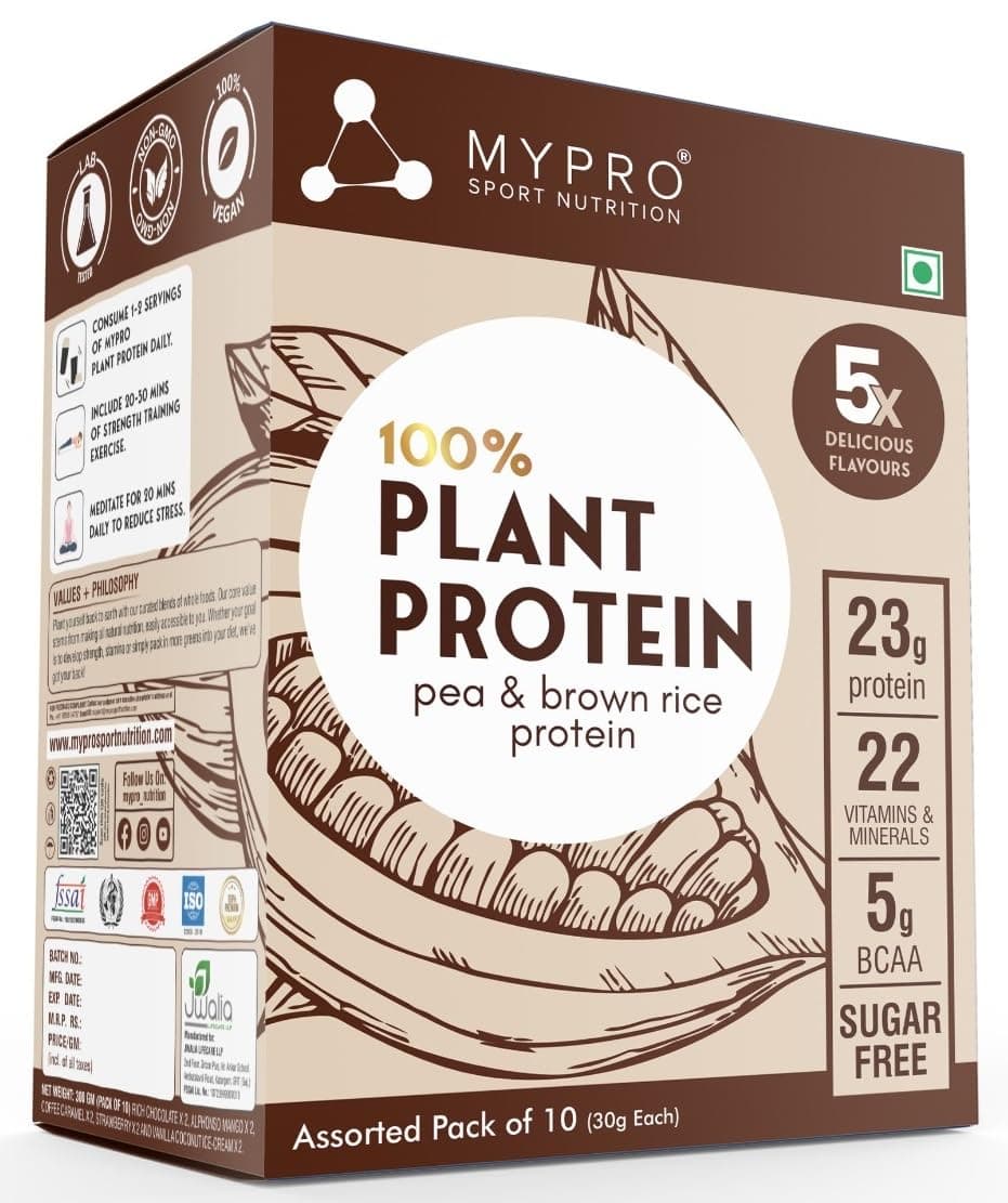 Plant Protein Powder Pea Protein Isolate & Brown Rice | 5*2 Assorted Sachet |Chocolate, Alphonso Mango,Vanilla Coconut Ice-Cream, Strawberry, Coffee Caramel | Total 10