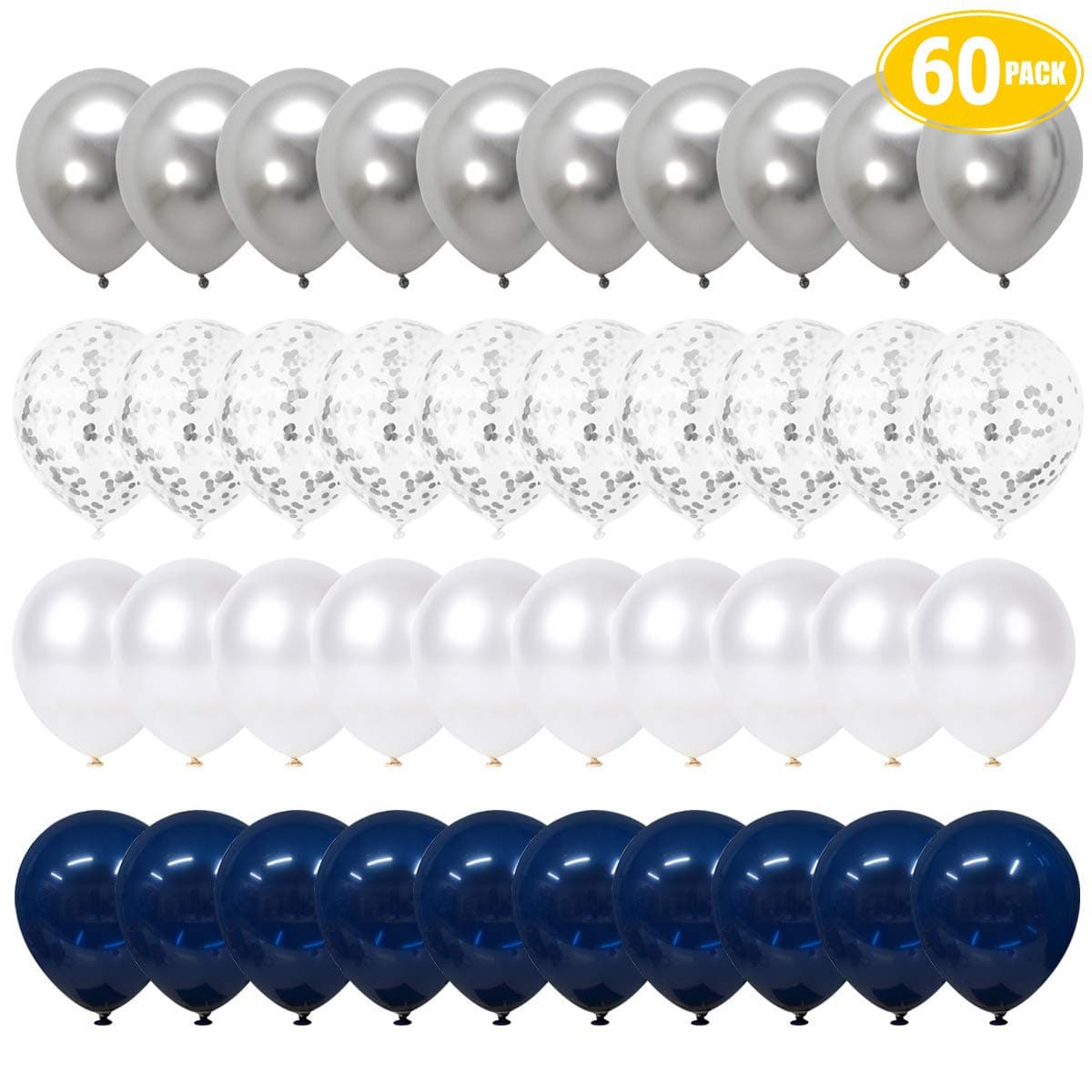 60 Pack Navy Blue White Silver Confetti Balloons,12 Inch Dark Blue Latex Helium Pearl Party Balloons for Birthday Party/Wedding/Boys Birthday/Baptism/Children Baby Shower/Bridal Shower/Confirmation Decoration