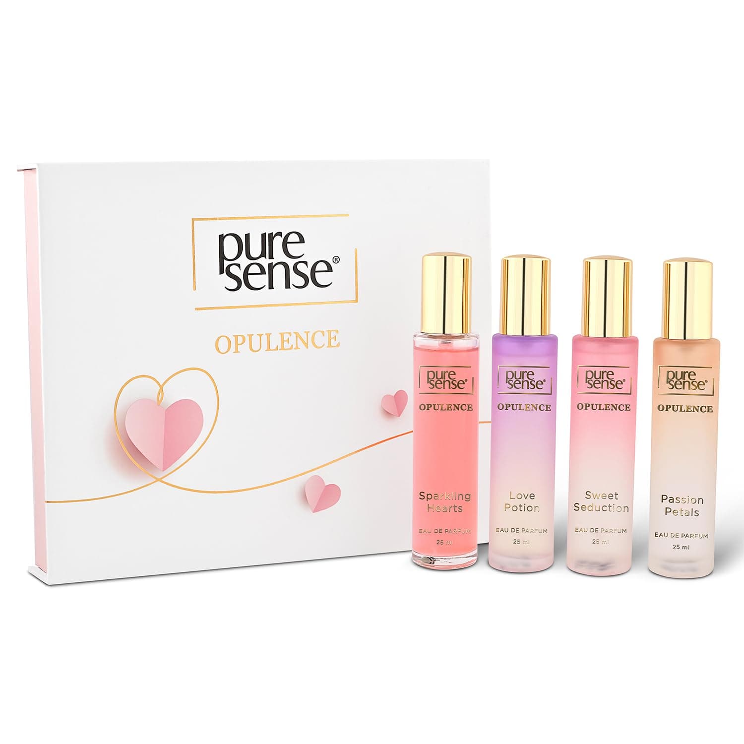 Opulence Perfume Gift Set (Hearts + Sweet + Passion + Love) | Birthday Gifts | Long Lasting Luxury Perfume Travel Combo Pack 25x4ml | for Women, Wife, Girlfriend, Sister