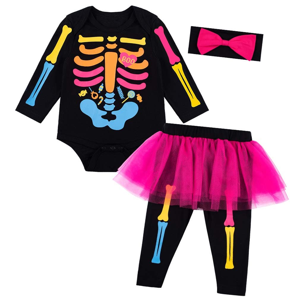Baby Girls Newborn Skeleton Halloween Costume Outfit Funny Long Sleeve Skull Tulle Skirt Romper Set