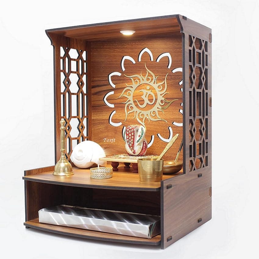 Mangal Beautiful Wooden Pooja Stand for Home Pooja Mandir for Home Temple for Home and Office Puja Mandir for Wall Mounted with LED Spot Light (HOODWIN-0T1)