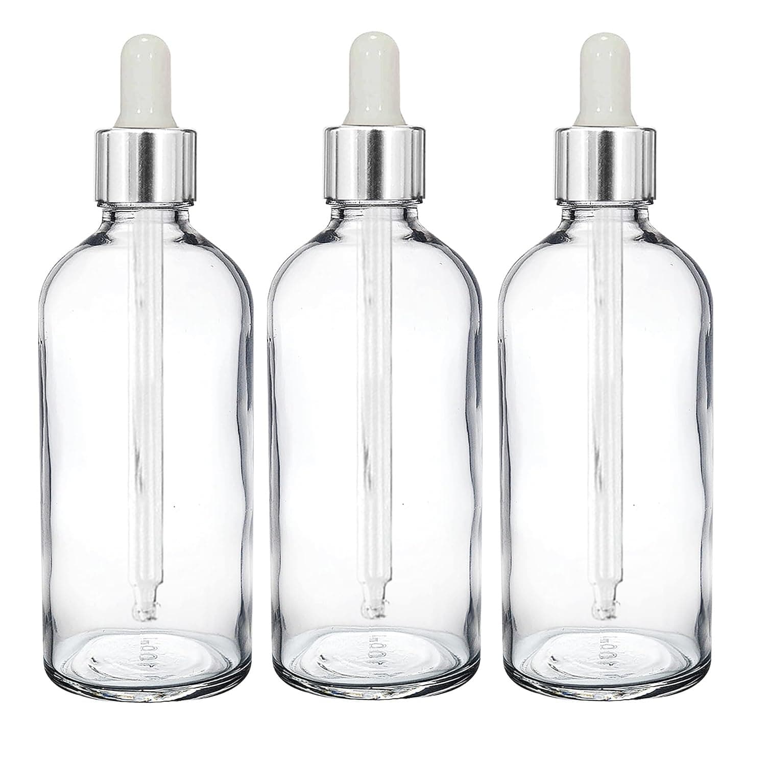 Mkd2 Rise 100 ML Clear/Transparent Round Empty Glass Bottle + Dropper + Silver Ring + Silcon White Teat (Pack of 3) Refillable, Leak Proof For Essential Oils, Perfumes