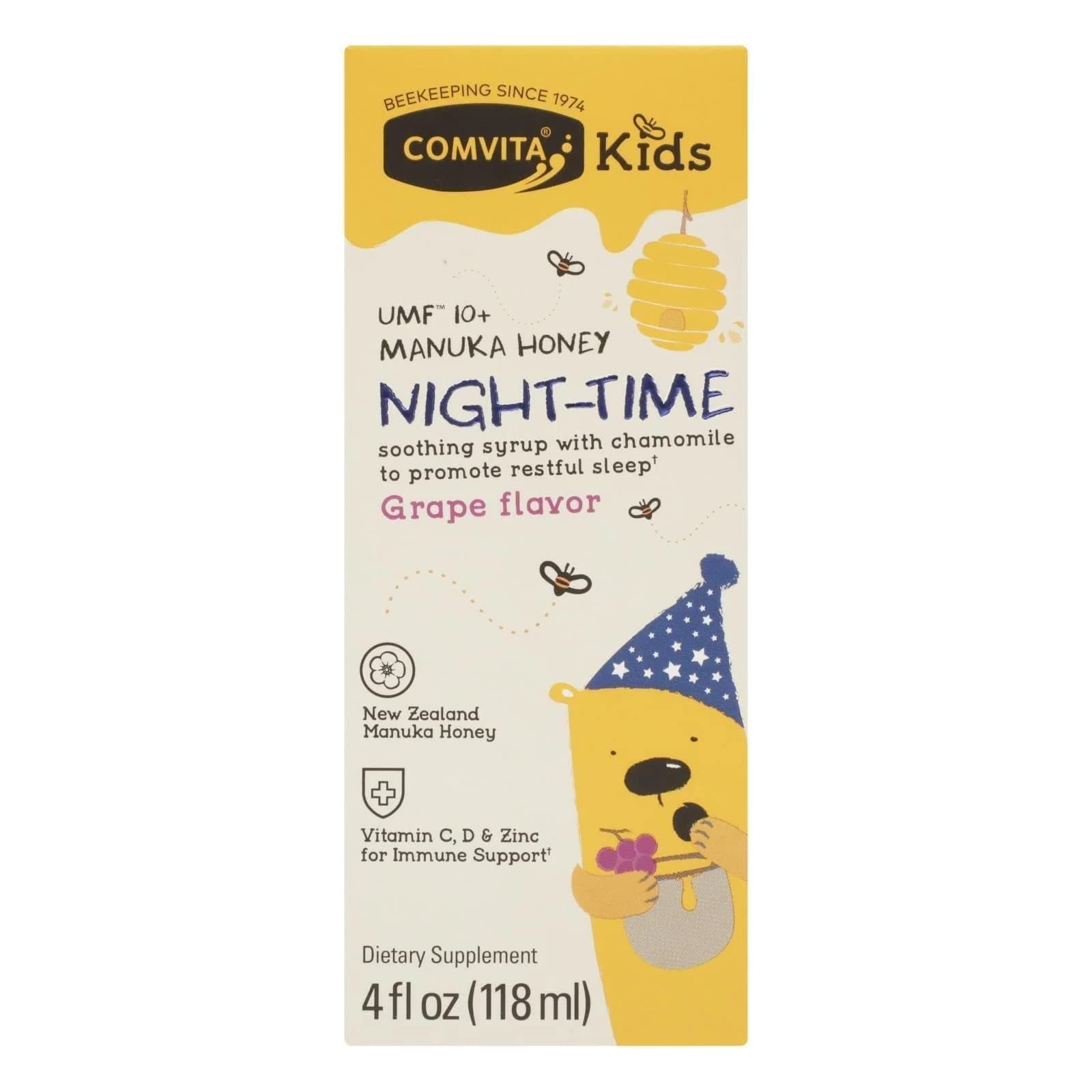 COMVITAKids Night-Time Soothing Cough Syrup, Grape | Great Tasting with Manuka Honey, Vitamin C, D, Zinc, Ivy Leaf Extract | Throat Relief & Immune Support | Dye-Free 4 Fl oz