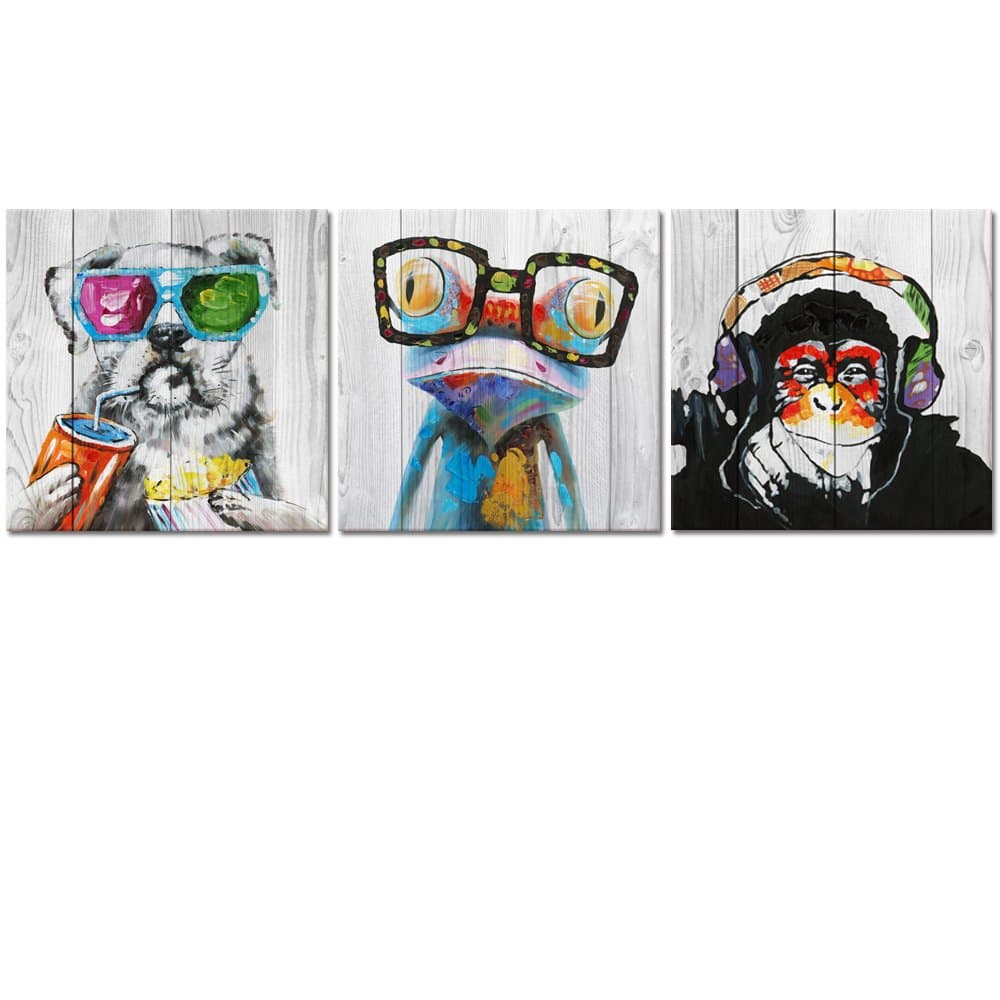 Vintage Animal Wall Art Painting Canvas Giclee Prints Happy Dog Frog on Rustic Wooden Background Home Decor Gorilla Monkey Pictures Artwork 32”x32”x3