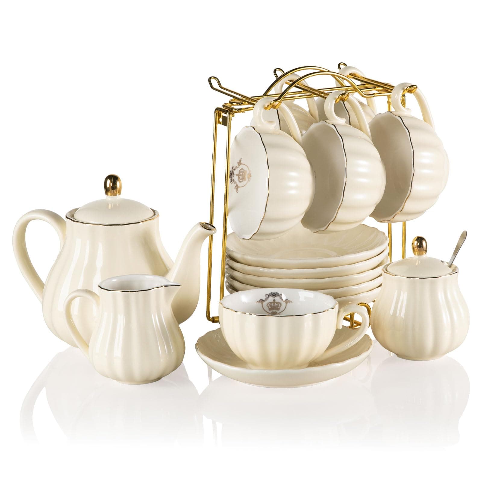 Sweejar Porcelain Tea Sets British Royal Series, 8 OZ Cups & Saucer Service for 6, with Teapot Sugar Bowl Cream Pitcher Teaspoons and Tea Strainer, Suitable for High Tea, Wedding, Party(Beige)