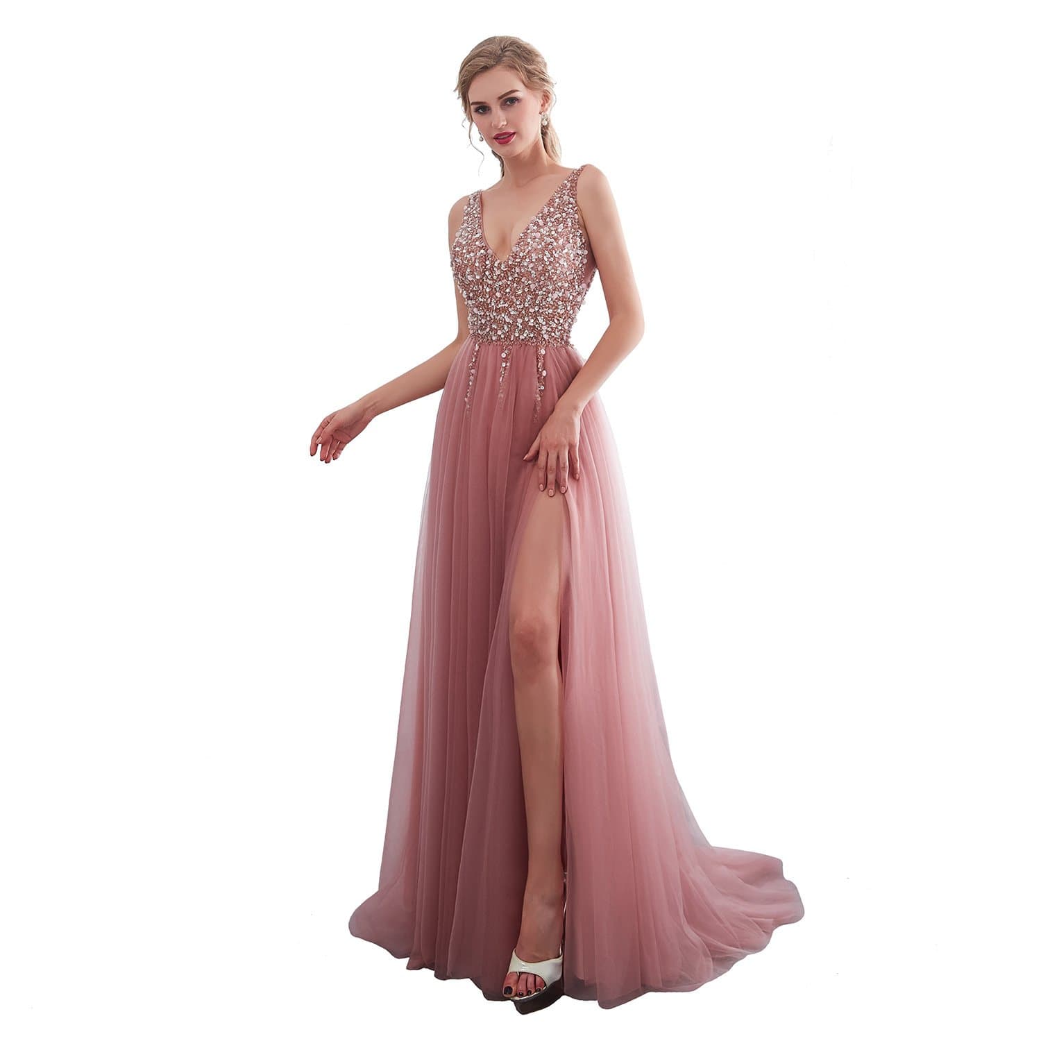 iLovewedding Women's V Neck High Slit Sequins Tulle Long Evening Gown