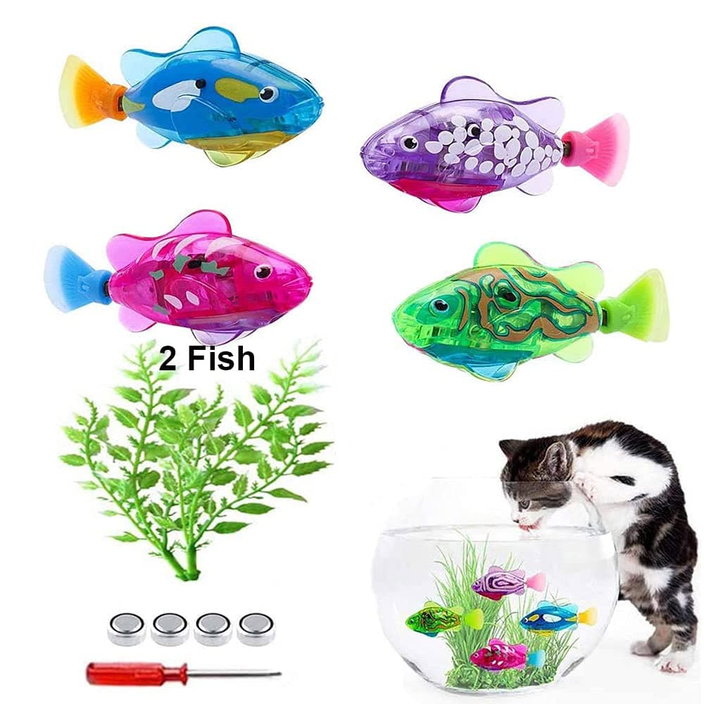 Swimming Robot Fish Toy for Cats, 2Pcs Fish Tank Toy Cat Interactive Pet Toy Electric Fish with LED Light Swimming Baby Bath Toy