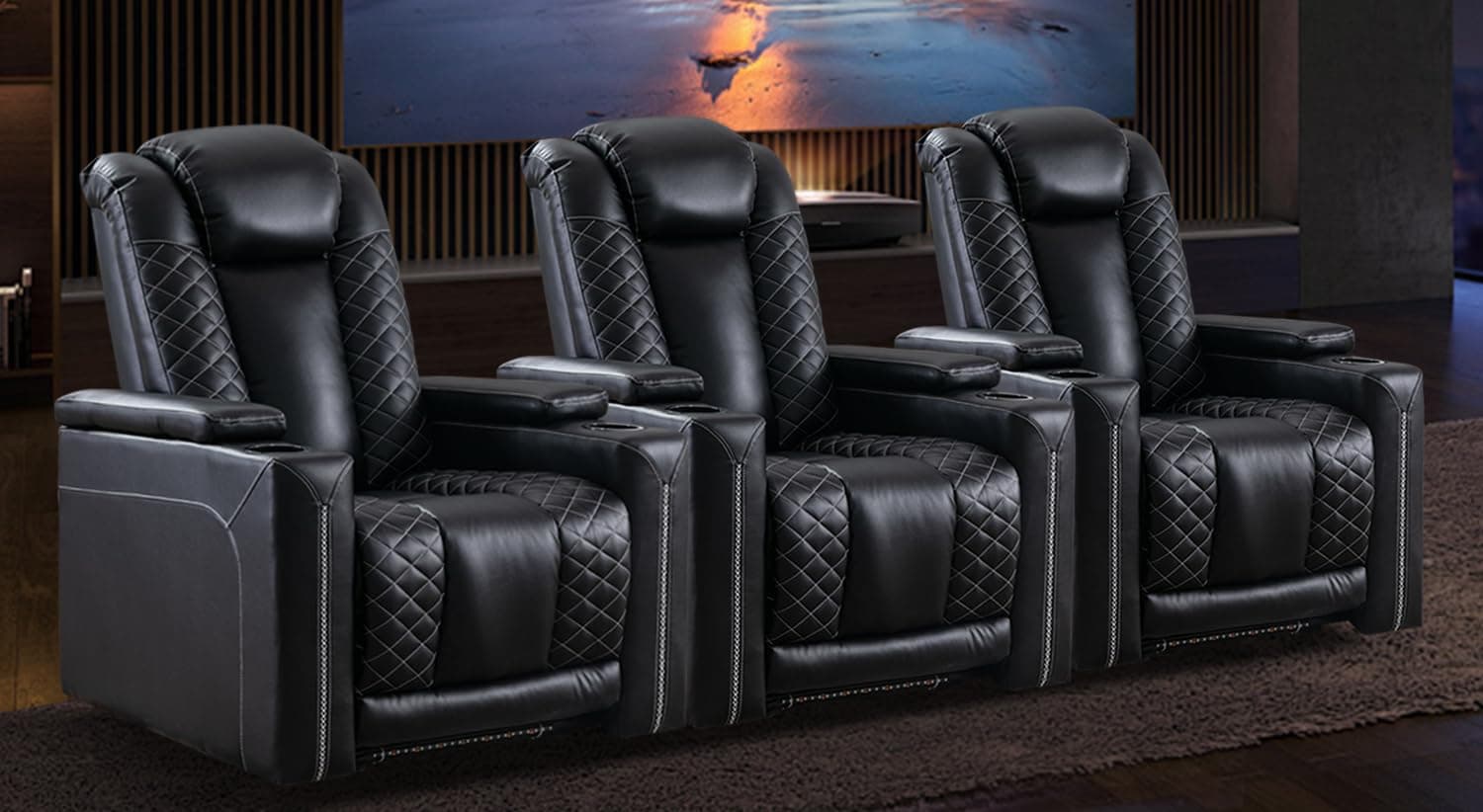 CANMOV Electric Recliner Chairs Set of 3, Breathable Faux Leather Home Theater Seating Recliner with Ambient Lighting, Power Recliner Chairs with USB Ports, Cup Holders, Hidden Arm Storage, Black