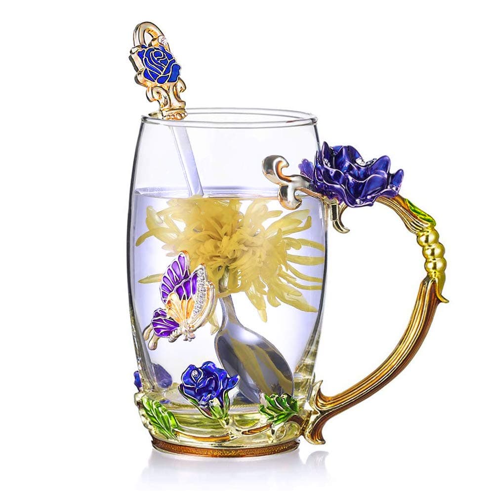 Kaiyuan Dynasty Tea Cup Glass Coffee Mugs Enamel Rose Flower Butterfly Drinking Cups with Spoon Set for Birthday Wedding Blue Rose Tall Mug 12oz