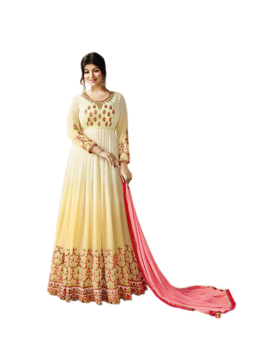 Shoppingover Bollywood Designer Semi Stitched Embroidered Anarkali Dress For Women-Off-White Color