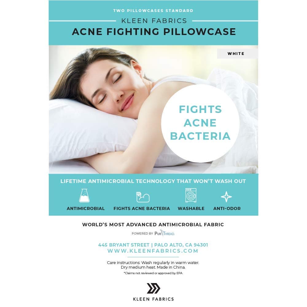 Kleen Fabrics Acne Fighting Antimicrobial Pillowcase with PurThread Silver Technology, White, 2 Standard Pillowcases