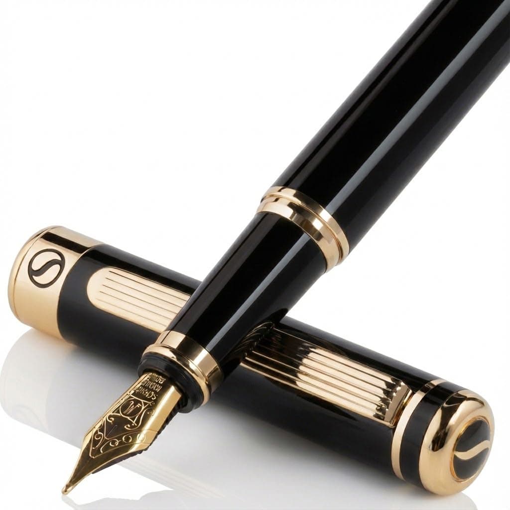 Scriveiner Luxury Fountain Pen - Stunning Black Lacquer Pen, 24K Gold Finish