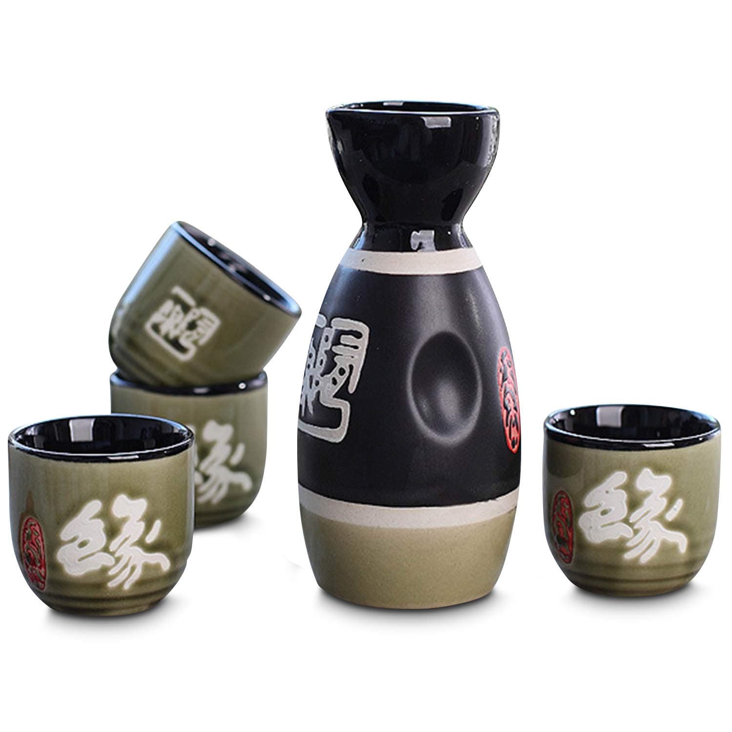 Sake Set, 5-Piece Traditional Ceramic Japanese Sake Set with 1 Sake Serving Bottle and 4 Sake Cups - Engraved by Hand Design