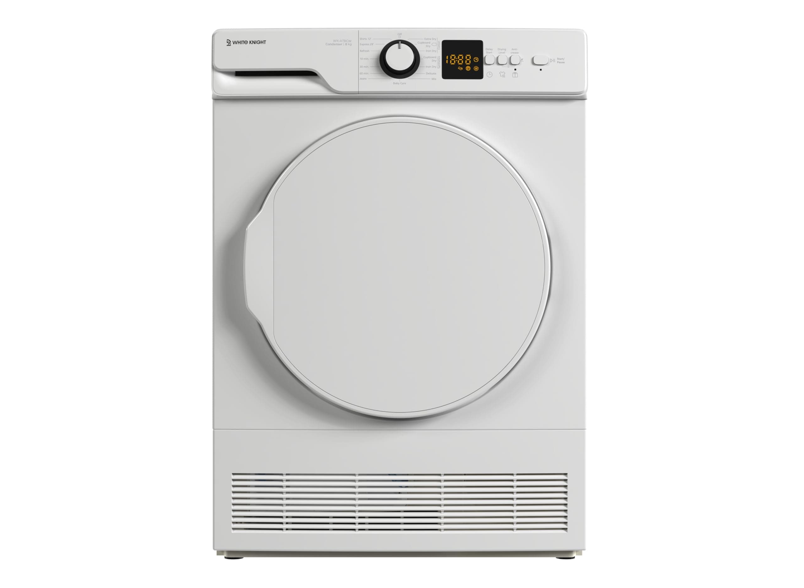 White Knight WK-AT8CW 8kg Condenser Tumble Dryer,15 Programmes, Auto Dry, B Rated - H84.5 x W59.6 x D56.3 (cm)