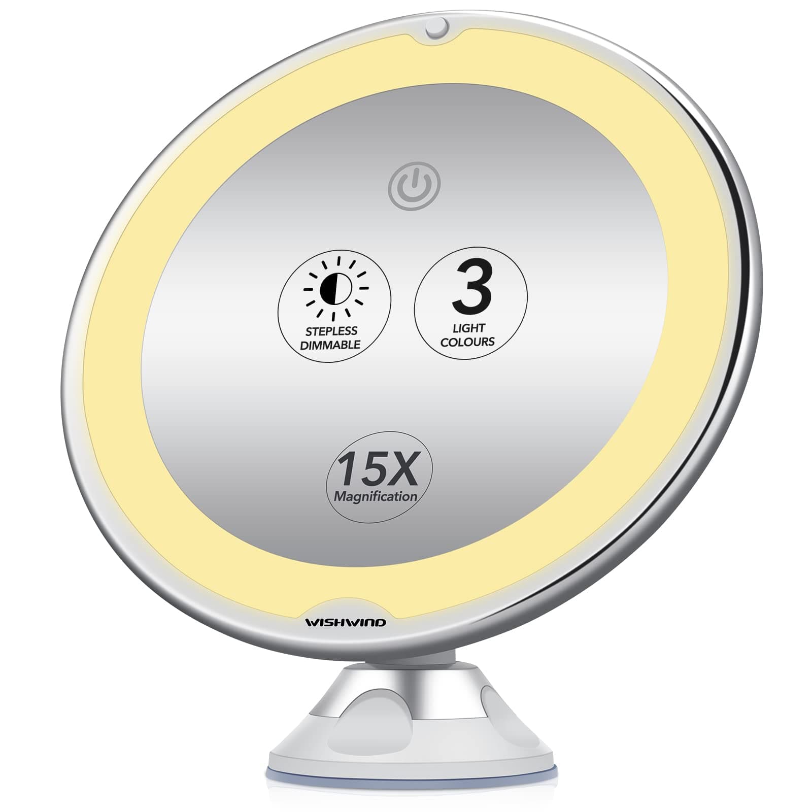 WISHWIND 15X Magnifying Vanity Mirror with Lights,Large 8 Inch Portable Lighted Makeup Mirror with Touch Sensor 3 Color Modes Dimmable Light and Locking Suction Cup for Bathroom Magnifying Mirror