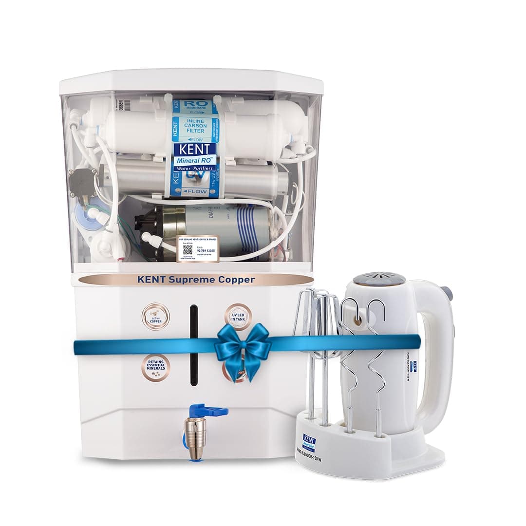 KENT Supreme Copper RO Water Purifier & Hand Blender 150 Watt | 4 Years Free Service On RO | Multiple Purification Process | RO + UV + UF + Copper + TDS Control + UV LED Tank | 8L Tank | 20 LPH Flow