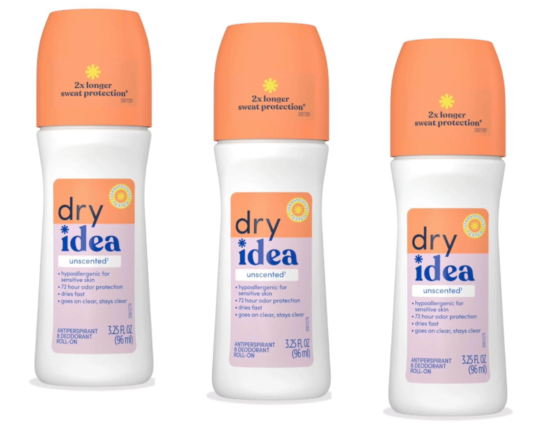 Dry IdeaAnti-Perspirant Deodorant Roll-On Unscented, 3.25 Fl Oz (Pack of 3)