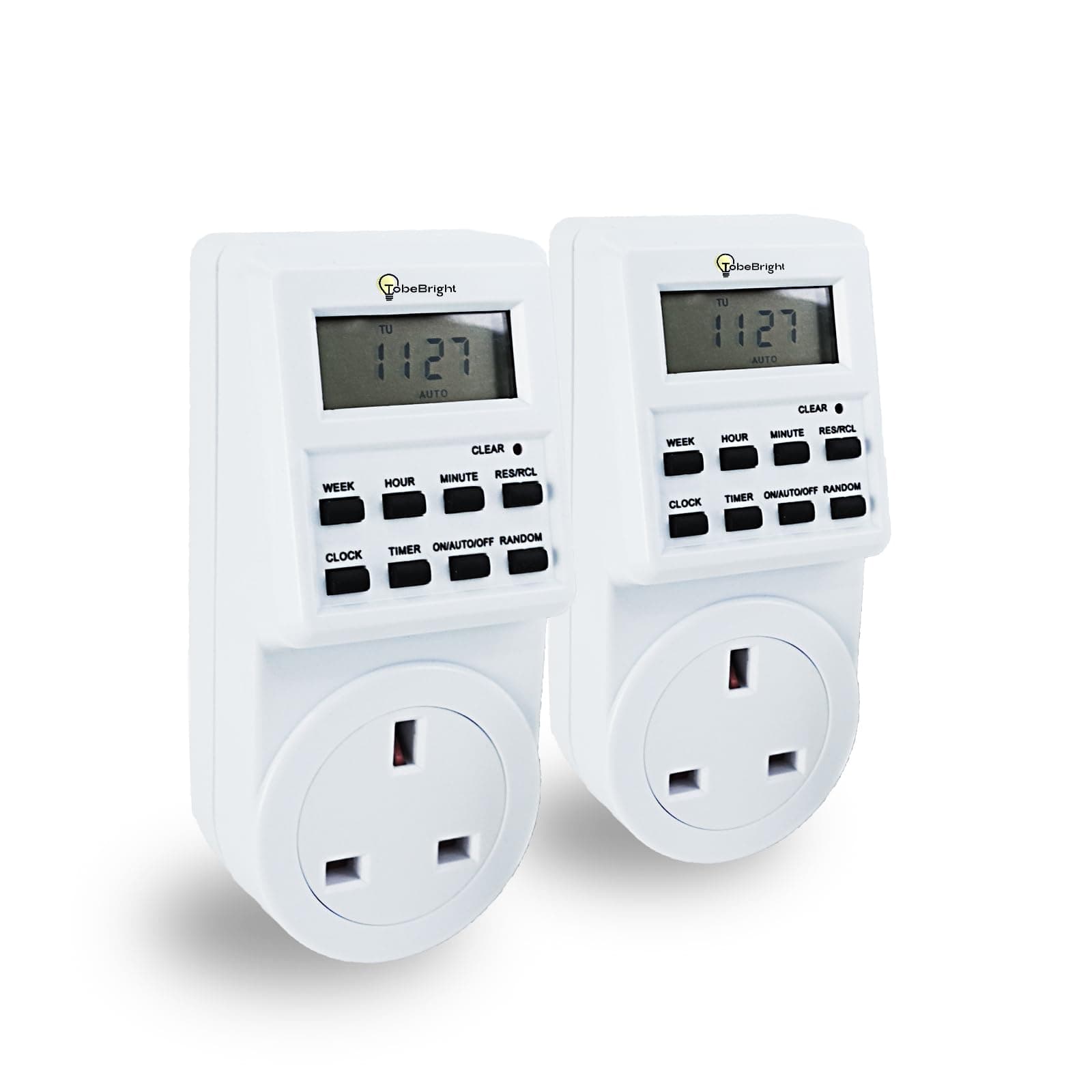 TobeBright UK Plug Digital Timer, 24 Hour/Weekly Programmable 240V Digital Plug-in Timer Socket Electric Switch Energy Saver Standard Size, 2 pcs
