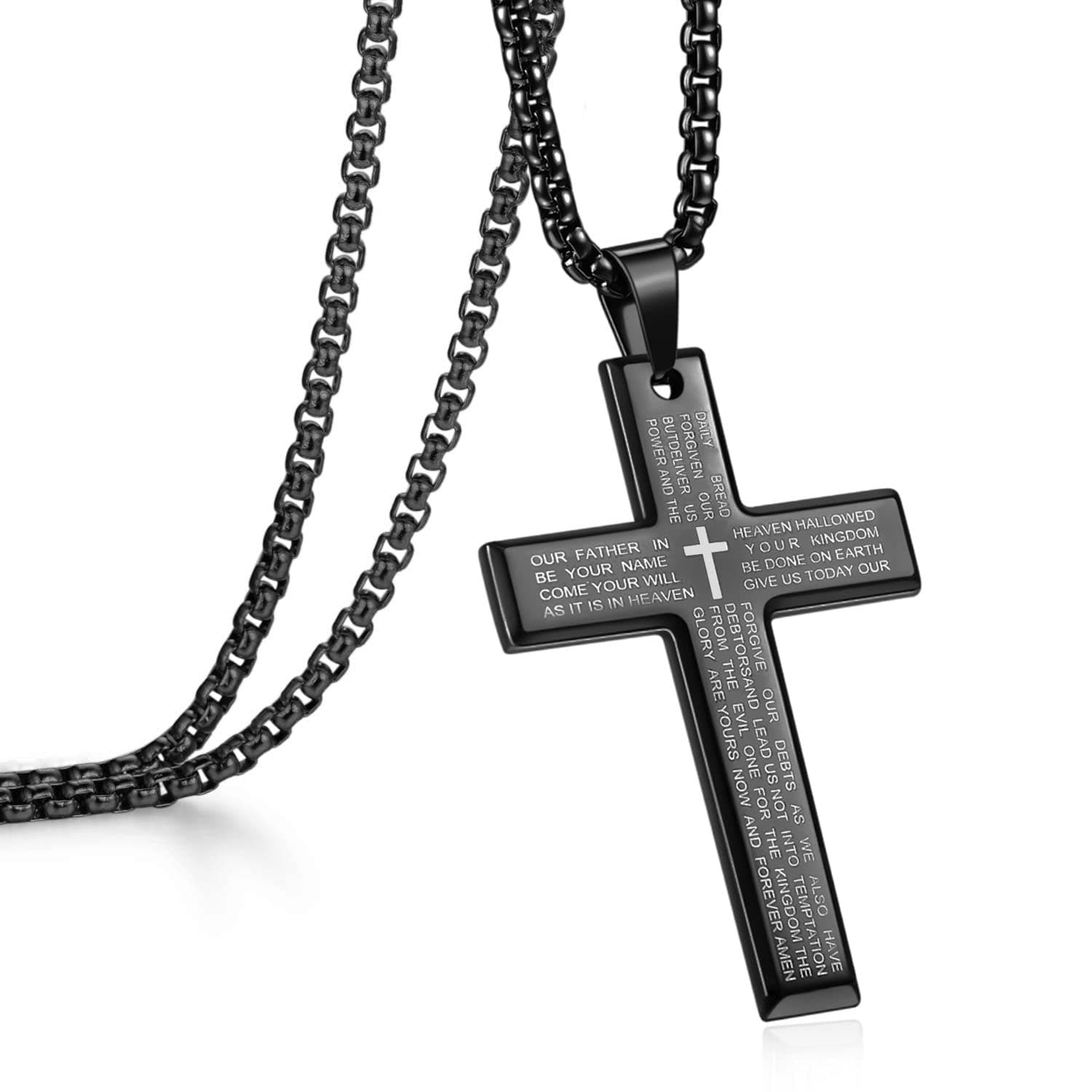Men's Cross Necklace with Lord's Prayer, Stainless Steel Christian Cross Pendant Necklace for Men