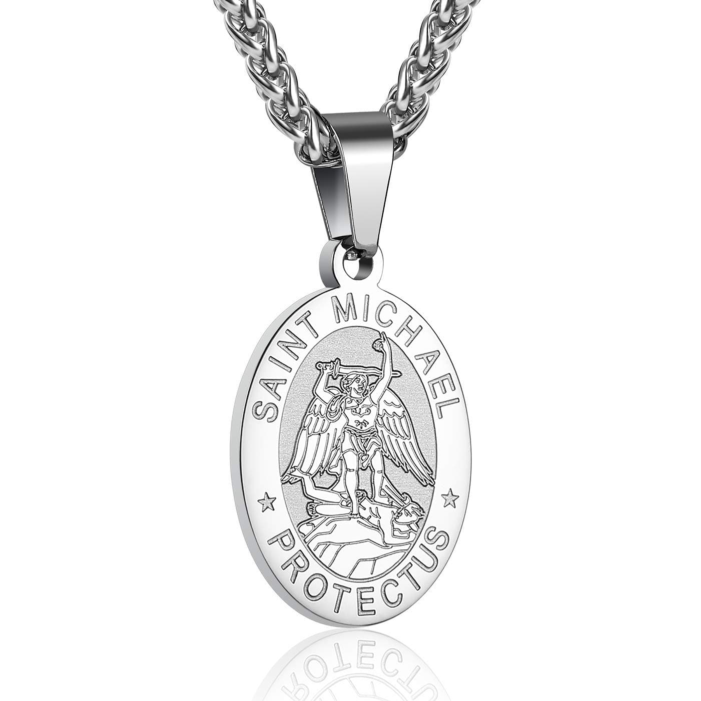 Oval Saint Christopher/Michael/Joseph/Jude/Mary/Joseph/Francis/Patrick/Anthony/Benedict/Thomas Necklace for Men Women, Stainless Steel Catholic Protective Necklace with 24 Inch Chain