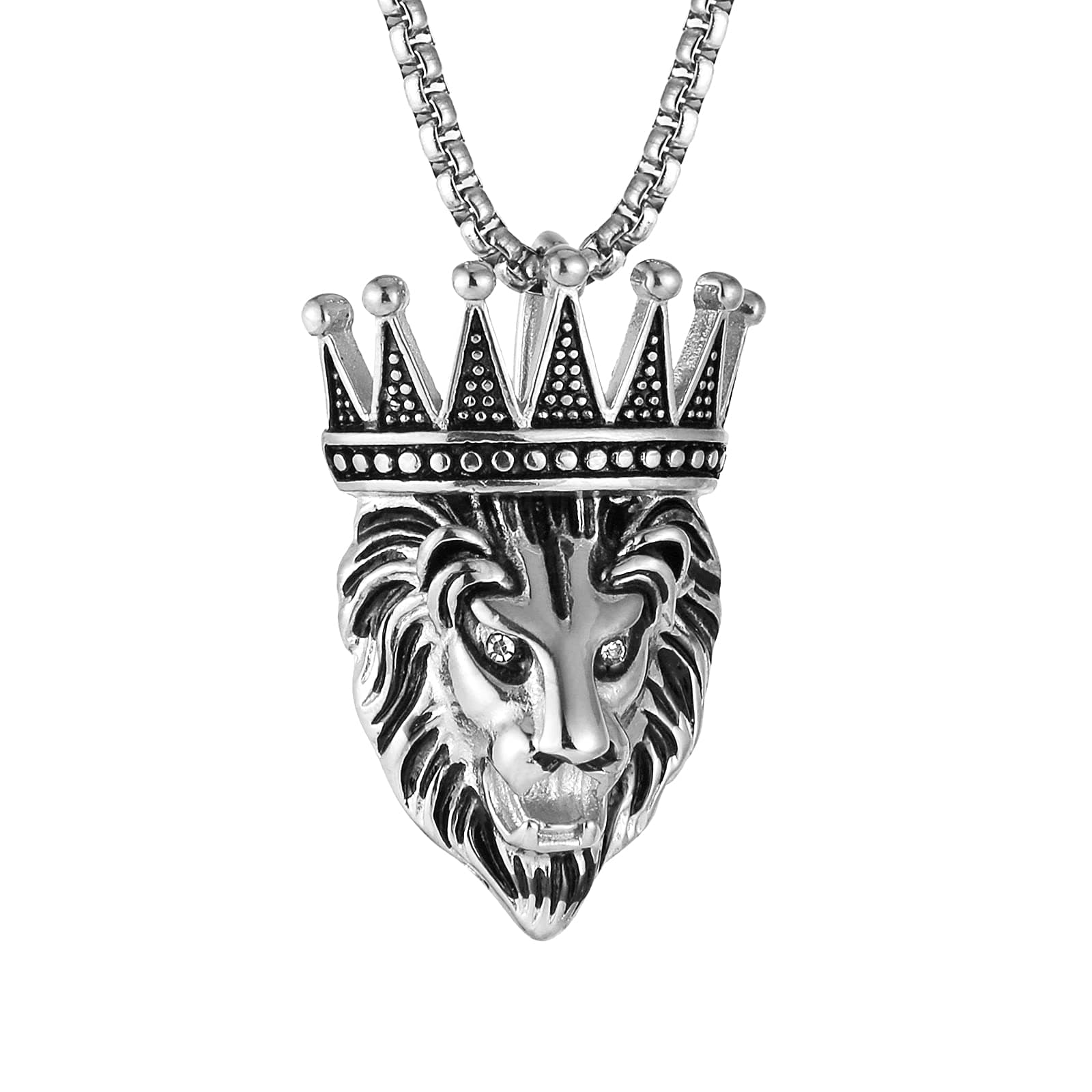 HZMANMen's Vintage Silver/Gold Stainless Steel Necklace Hip Hop Jewelry Crown Lion Head Pendant