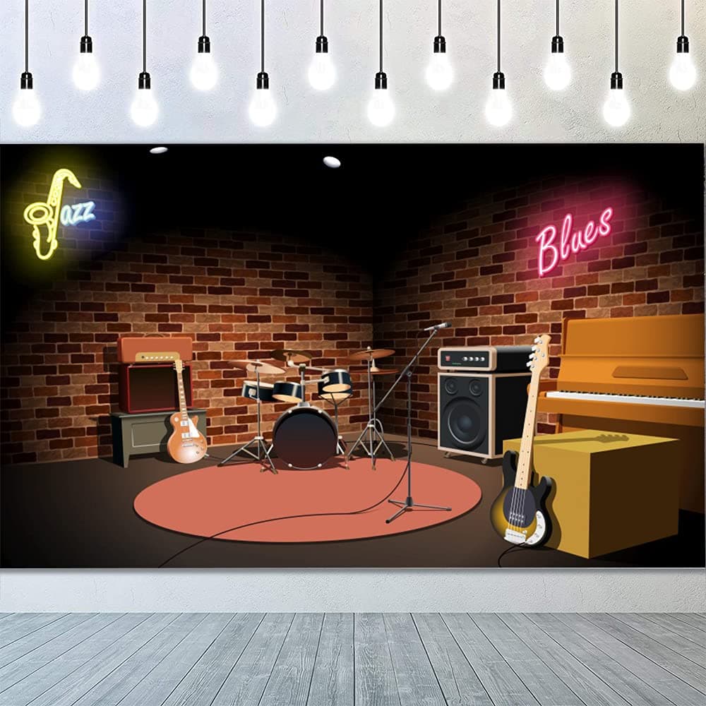 CSFOTO Polyester 7x5ft Music Club Backdrop Rock and Roll Jazz Blues Music Club Stage Background Bar Music Band Instrument Concert Greeting Party Performing Decor Background Discos Backdrop for Parties