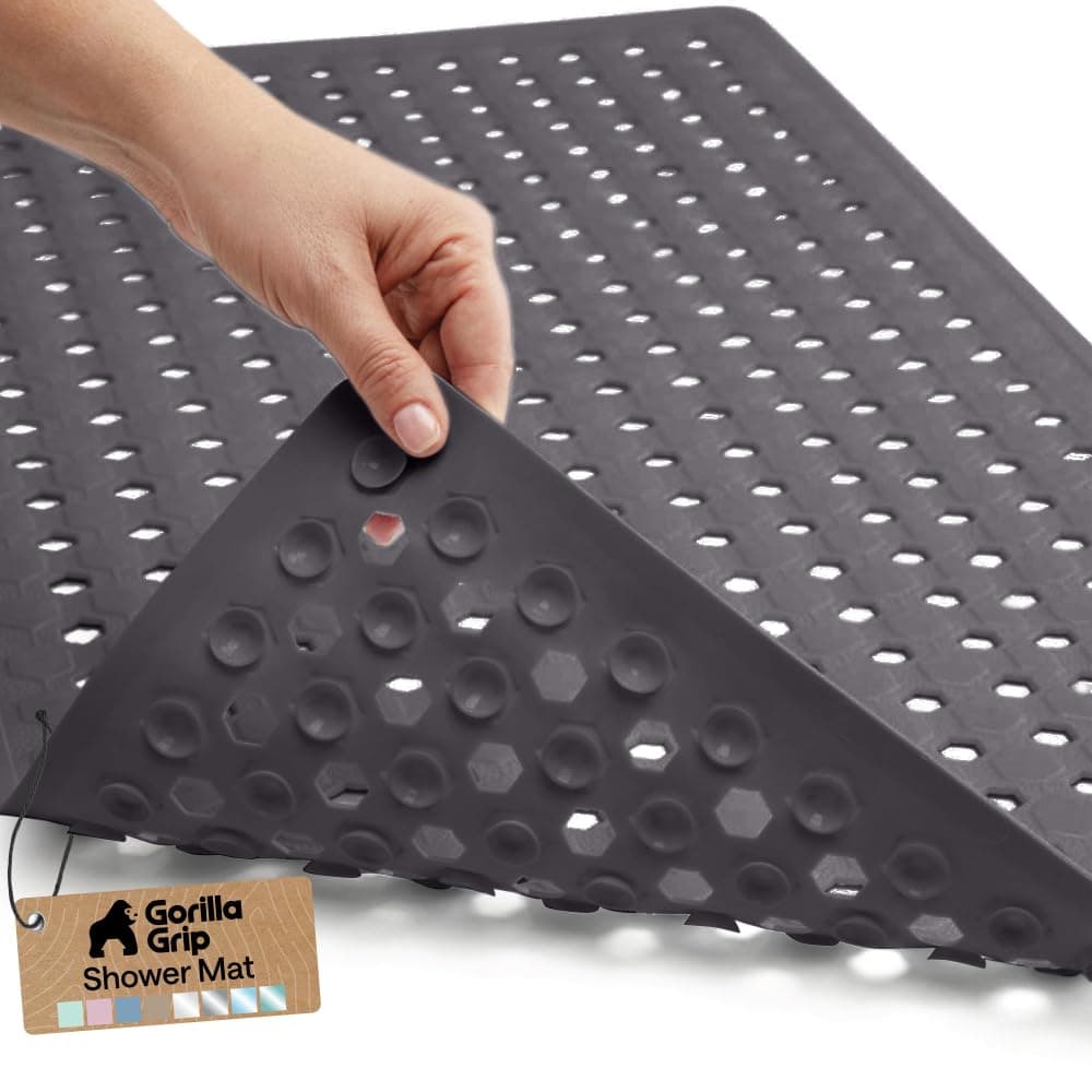 Patented Bath Tub Shower Mat, Machine Washable Bathtub Floor Liner Mats, Suction Cups and Drain Holes to Keep Tubs Clean, Soft on Feet, Bathroom Essentials, 35x16 Inch, Charcoal Opaque