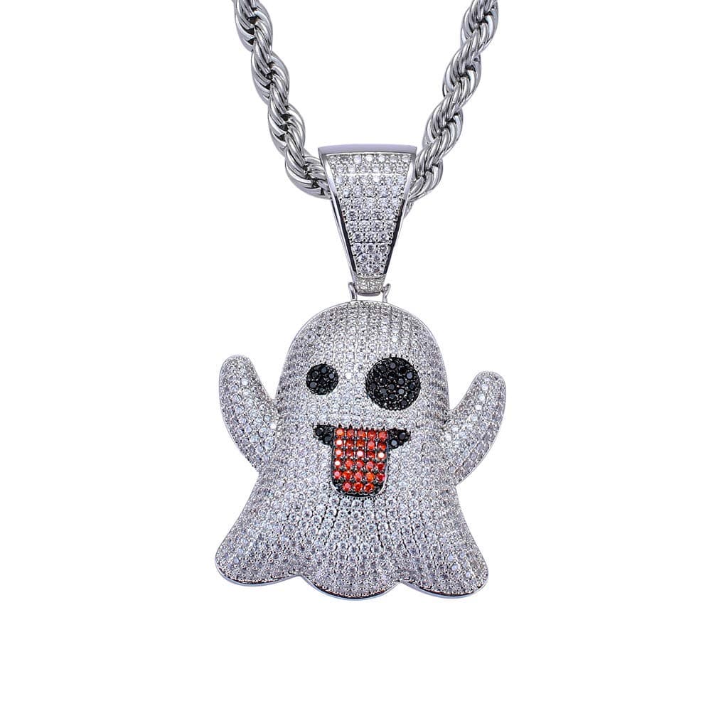 LC8 Jewelry Men CZ Cluster Lab Diamond Emoji Ghost Pendant Hip Hop Iced Out Crystal Necklace 18K Gold Plated with 24” Stainless Rope Chain for Women (Silver)