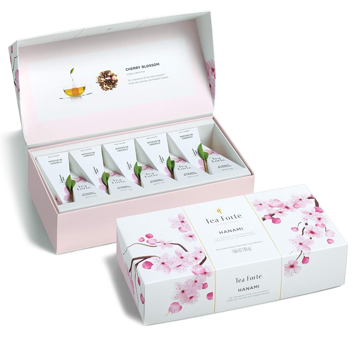 Cherry Blossom Organic Green Tea, Petite Presentation Box Tea Sampler Gift Set with 10 Handcrafted Pyramid Tea Infusers