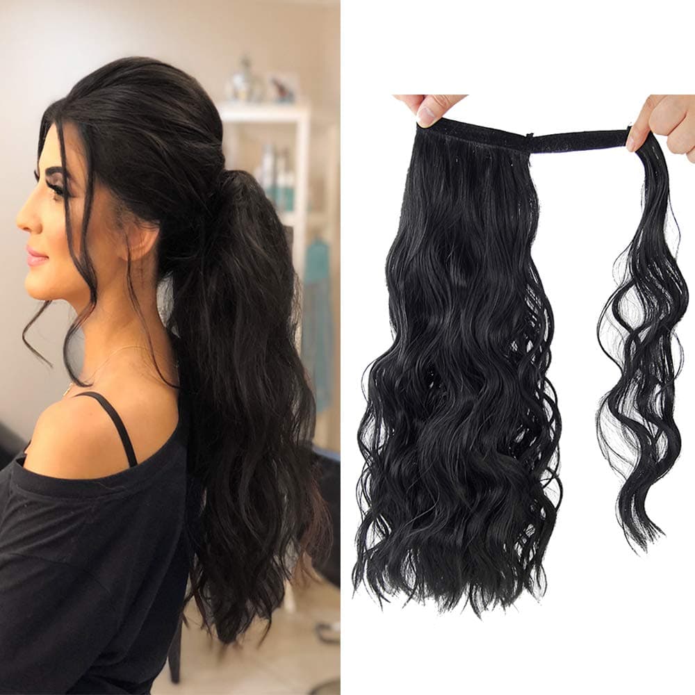 18" 150g Synthetic Curly Wrap Around Clip in on Ponytail Extensions Magic Paste Wavy Hair Pieces for Women and Girls (Black)