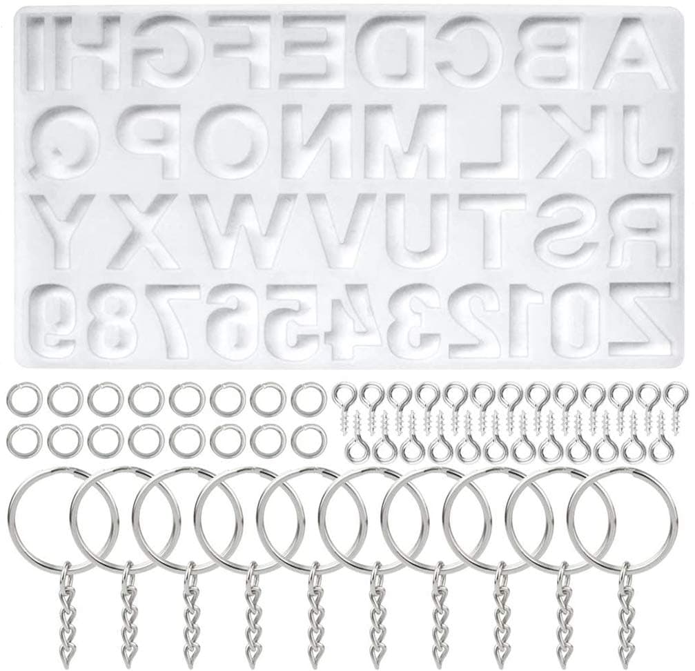 Silicone Letter Mold AtoZ Letter Number 30PCS Keychain Rings with Chain 100Pcs Screw Eye Pins Silicone Molds for Resin DIY for Keychain, Jewelry, Pendant