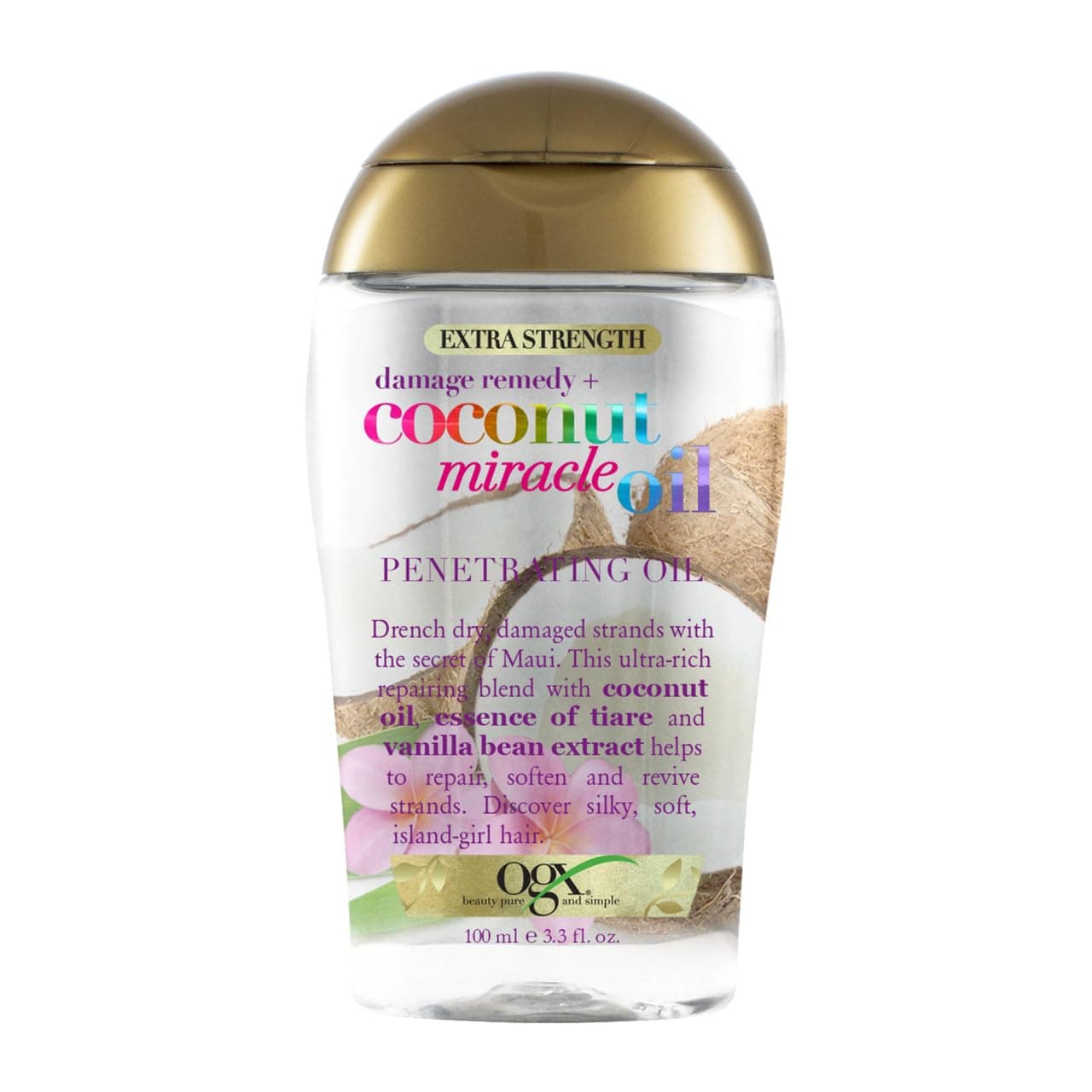 OGX Coconut Miracle Oil Extra Strength Penetrating Hair Oil for Dry, Damaged, and Frizzy Hair, Intense Hydration, Frizz Control, and Shine with Coconut Oil, Tiare, and Vanilla Bean Extracts, 100 ml