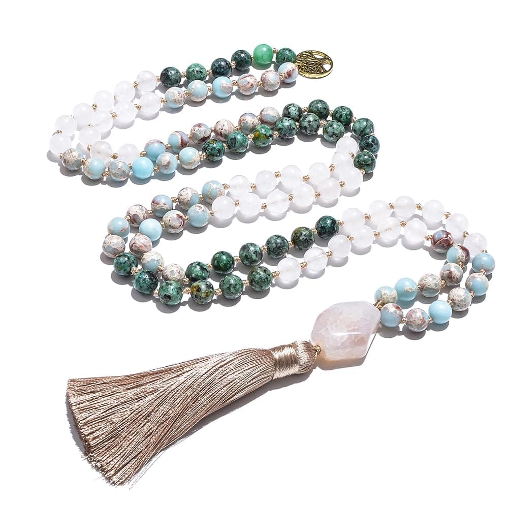 Hovaete 108 Mala Prayer Beads Necklace Natural Stones Meditation Yoga Jewery 108 Hand Knotted Japa Mala Beaded Long Tassel Necklace with Tree of Life Pendant for Men and Women, suit, African