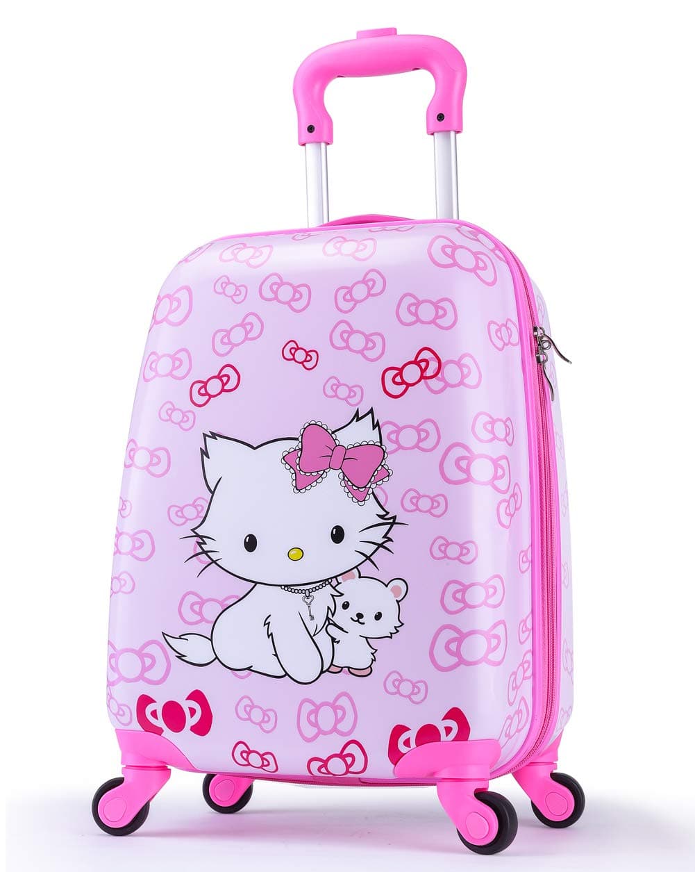Upgrade Kids Luggage for Girls, Toddler Travel Suitcase, 4-Spinner Wheels, Superior ABS+PC, Hardshell, Carry On Trolley (Cute Bowknot Cat/ Pink)