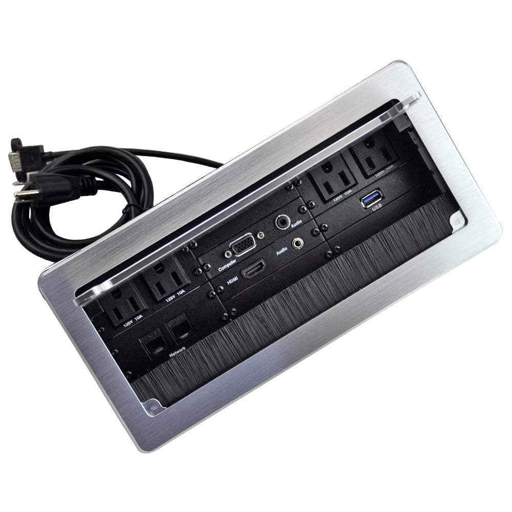 JS VI DEO JS TECHNOLOGY Table Power Brush Connectivity Box with 4 AC Power + 2 RJ45(CAT6) + 2 Audio 3.5mm + 1 VGA + 1 HDMI + 1 USB 3.0 (Female to Female) with 5.58ft Power Cord (Silver)