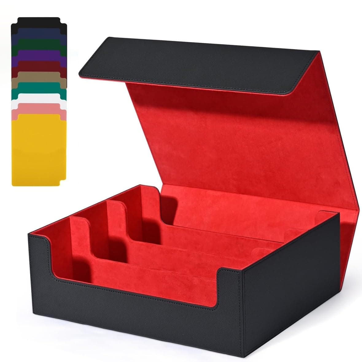 Trading Card Storage Box, Holds 1800 Sleeved Cards with 10 Dividers & 3 Stoppers, Magnetic Closure PU Leather Card Case for MTG, PTCG, YGO, Sports Cards (Black&red)