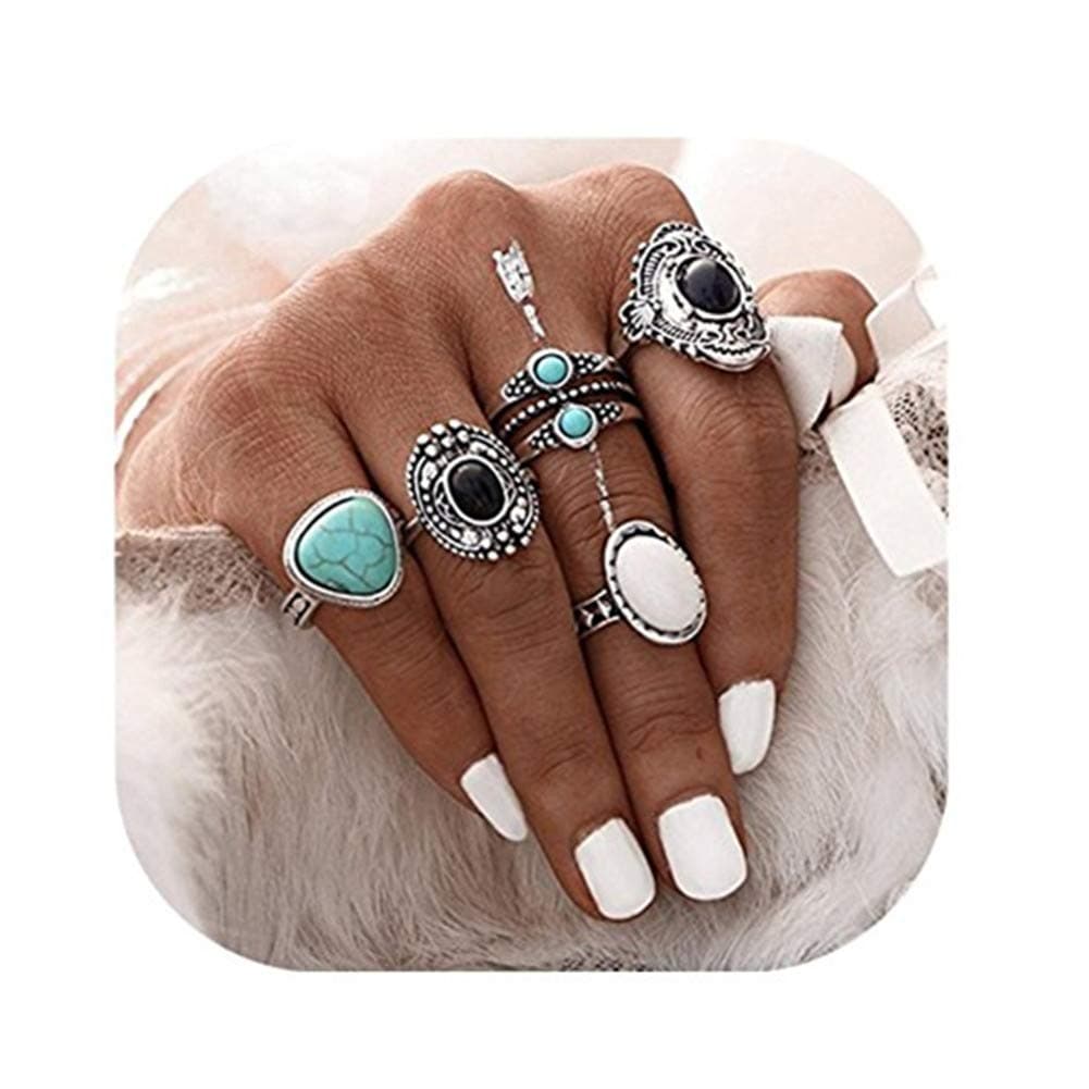 Amxuelm 5 Pieces/Set Turkish Turquoise Joint Knuckle Nail Midi Ring Set Boho Ring Set