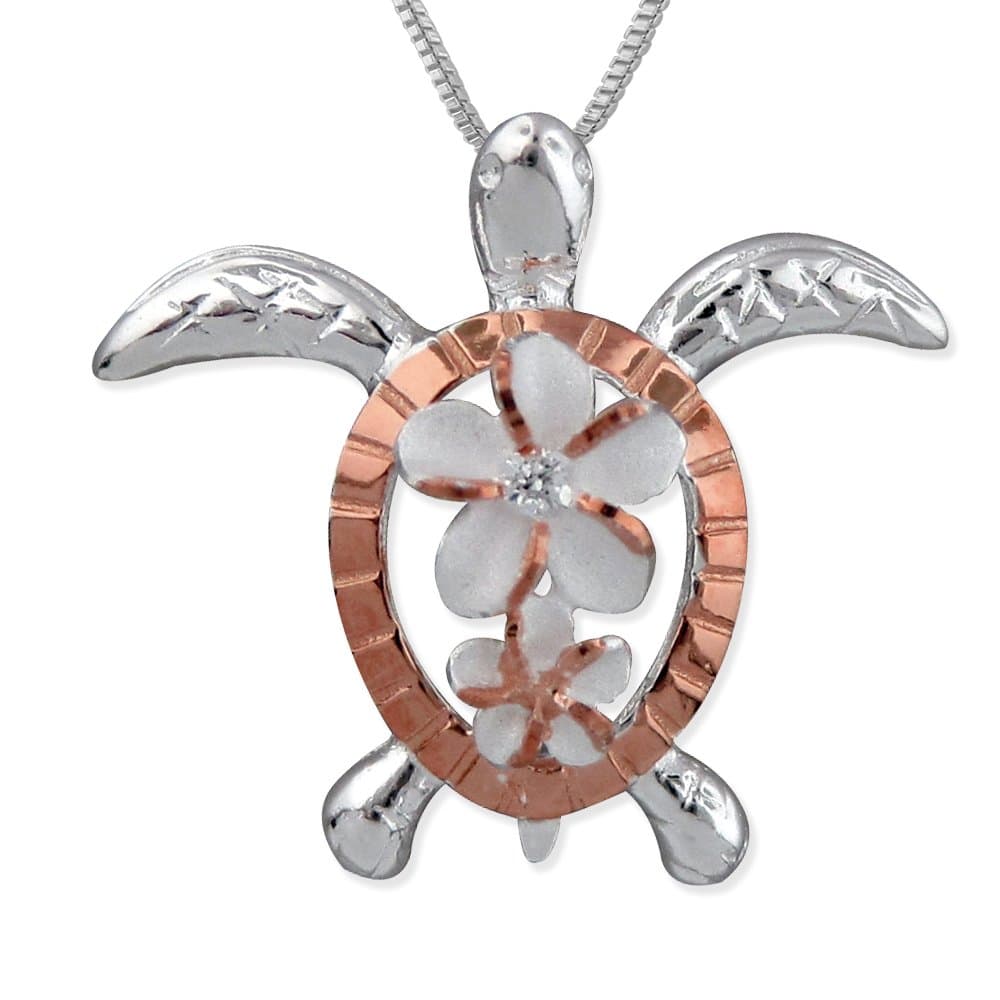 Sterling Silver Turtle Plumeria Pendant Necklace, 16+2" Extender