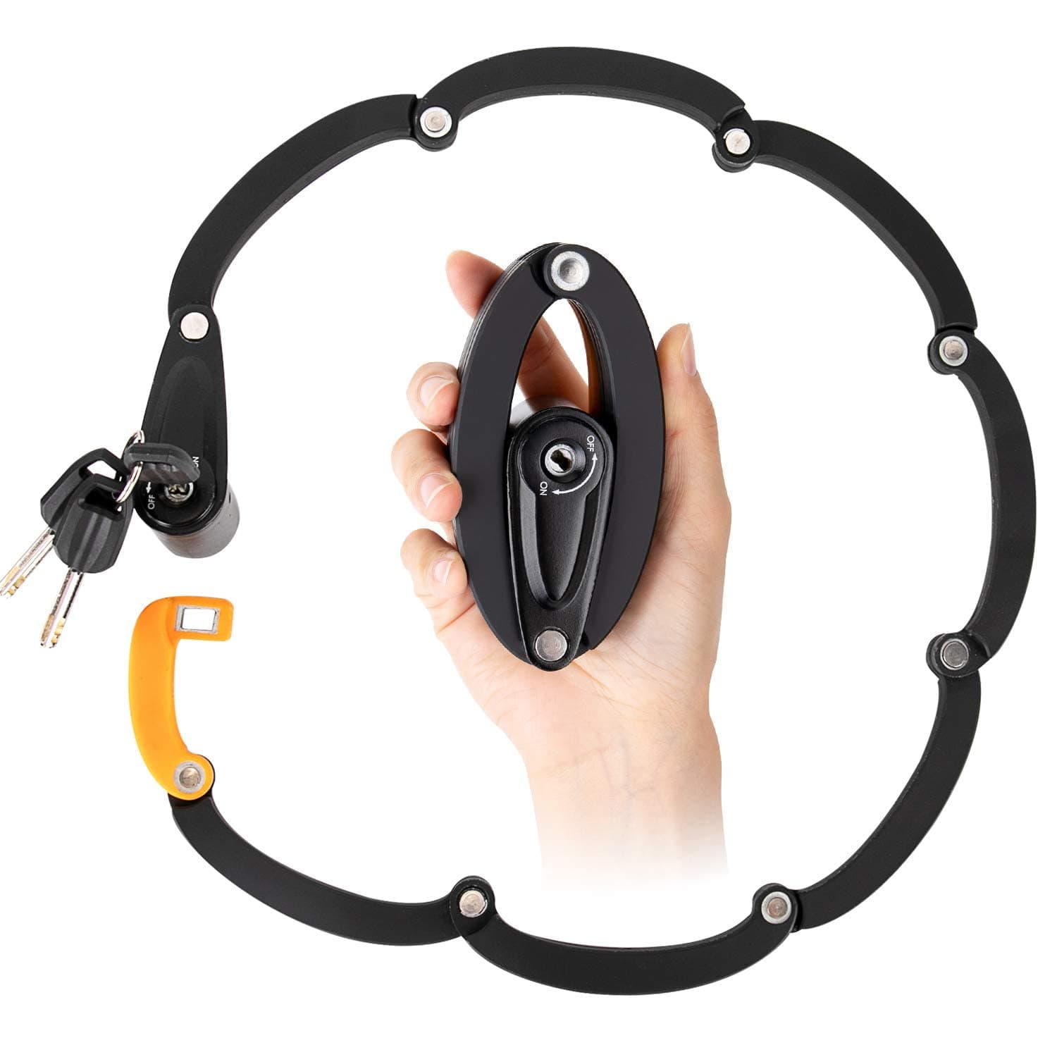 WOTOW Bike Foldable Lock, Black Steel Alloy Key Lock, Compact Chain Cable Safety Lock with 3 Keys, Reflective Sticker, 35" / 90cm Circumference, Mountain Road City Bike