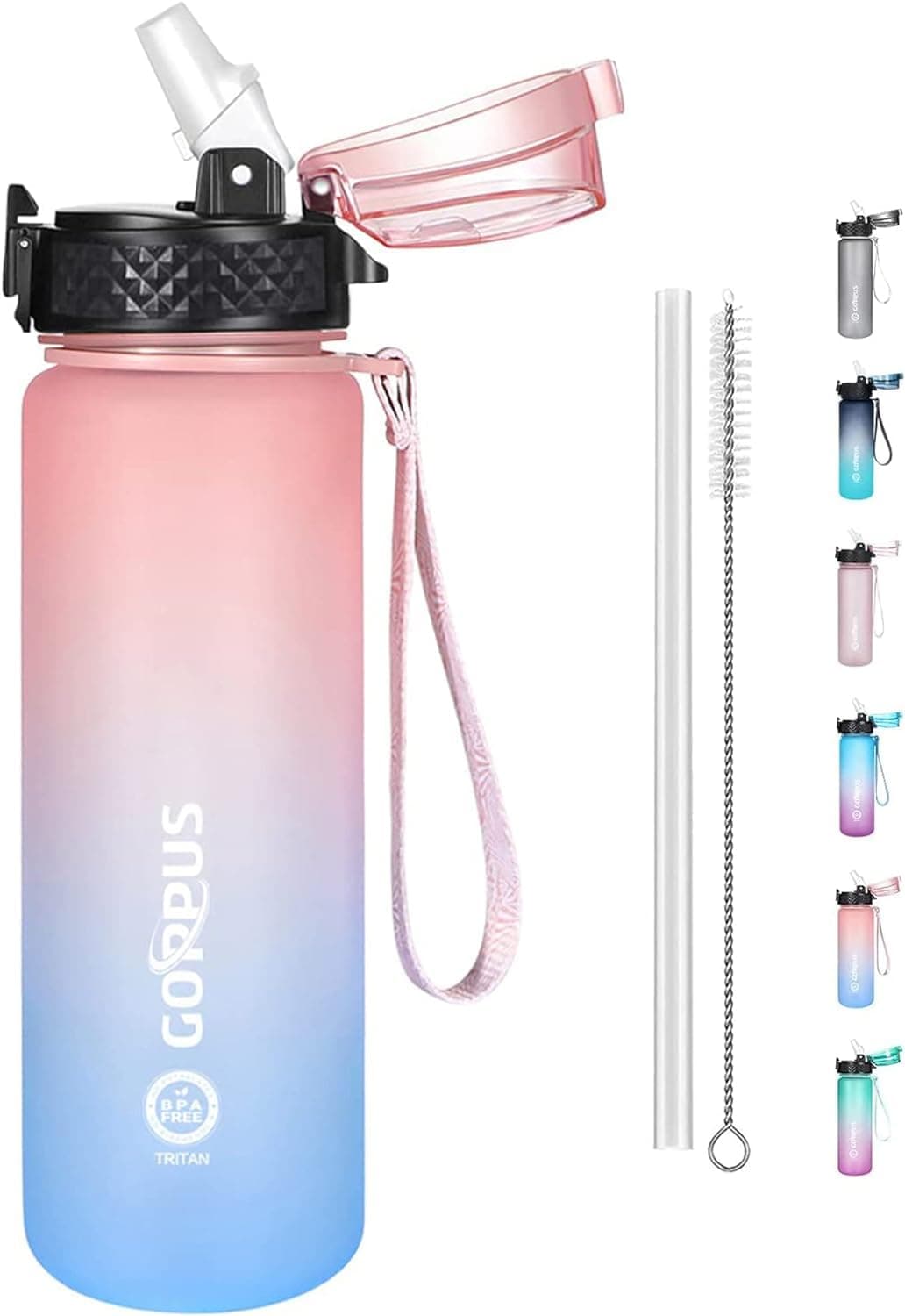 GOPPUS Kids Water Bottle with Straw Spout Lid 10pcs Stickers 17 oz Leak-proof BPA Free Motivational Time Marker Tritan Plastic Water Bottles for Girls Boys School Sports