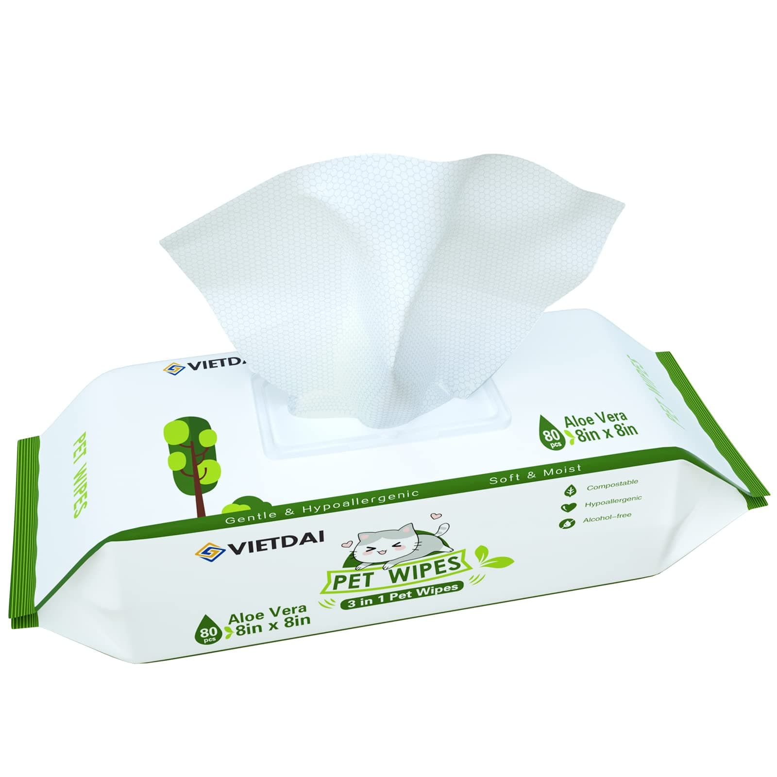 VIETDAI Cat Wipes Dog Wipes Hypoallergenic Pet Wipes for Dogs Paws Cleaning Deodorizing, Thick Large Puppy Wet Wipes for Eyes Ears Face Body 80 Count