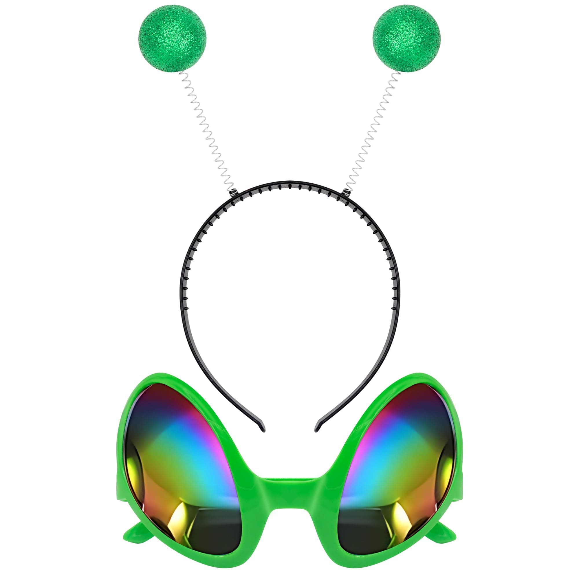 Green Alien Headband & Glasses – Adult Martian Antenna Costume Accessories – Space Cosplay Party Set