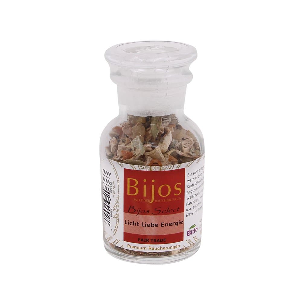 BiJos Select incense in a 60 ml little glass bottle. Light, Love, Energie FAIR TRADE – gives you power and takes away your anxiety