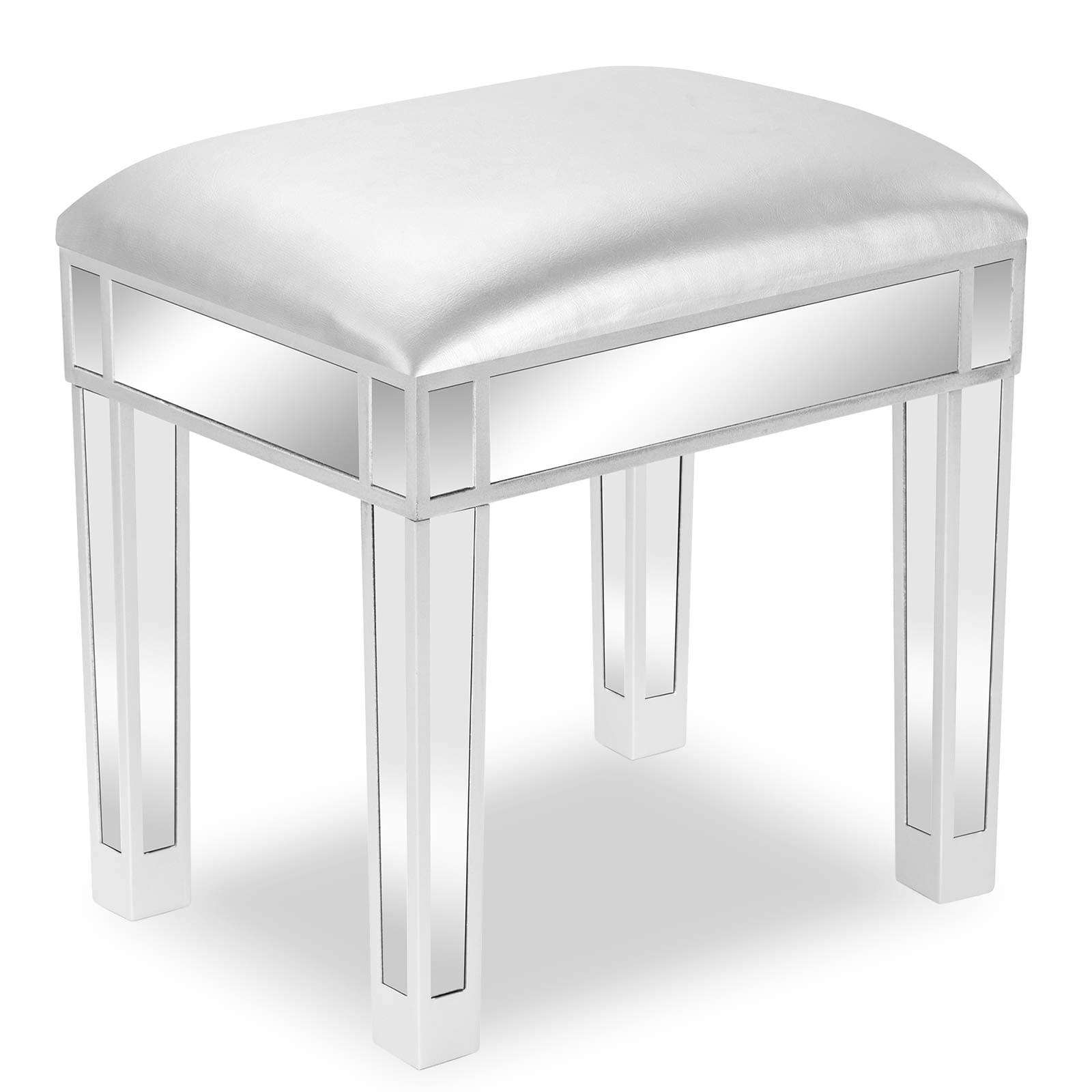 VINGLI Mirrored Vanity Stool with Storage, Faux Leather Ottoman, Makeup Dressing Table Bench, Silver