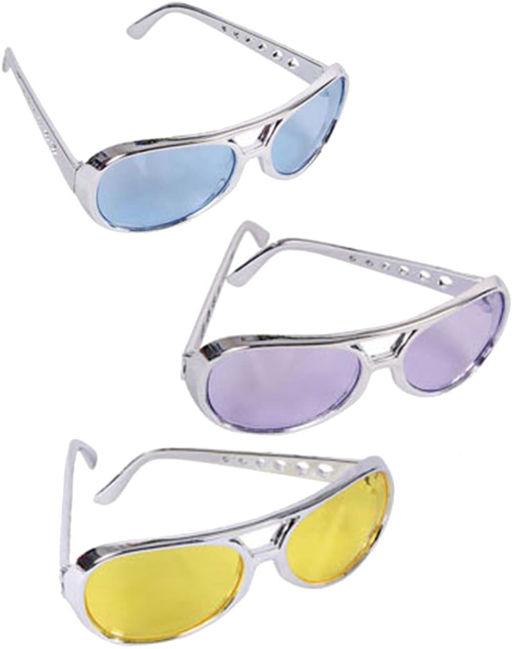 BlockBuster Costumes Custom Bundle Set of 12 Blue Purple and Yellow Lens Silver Frame Elvis Rock Star Glasses