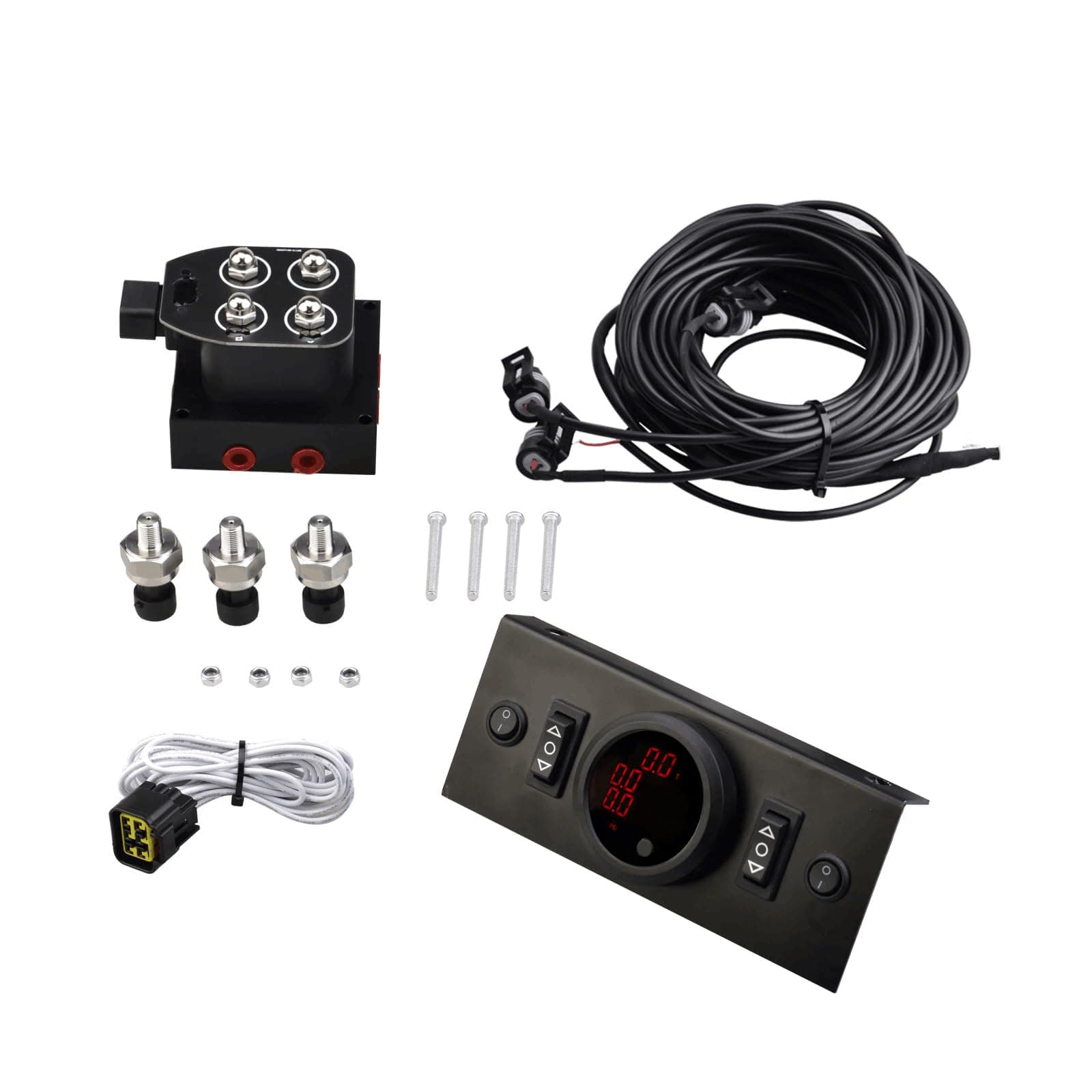 12V Solenoid 4-Valve Air Ride Suspension manifold valve with Control Panel Ship Type Switch, equipped with three display air pressure gauge